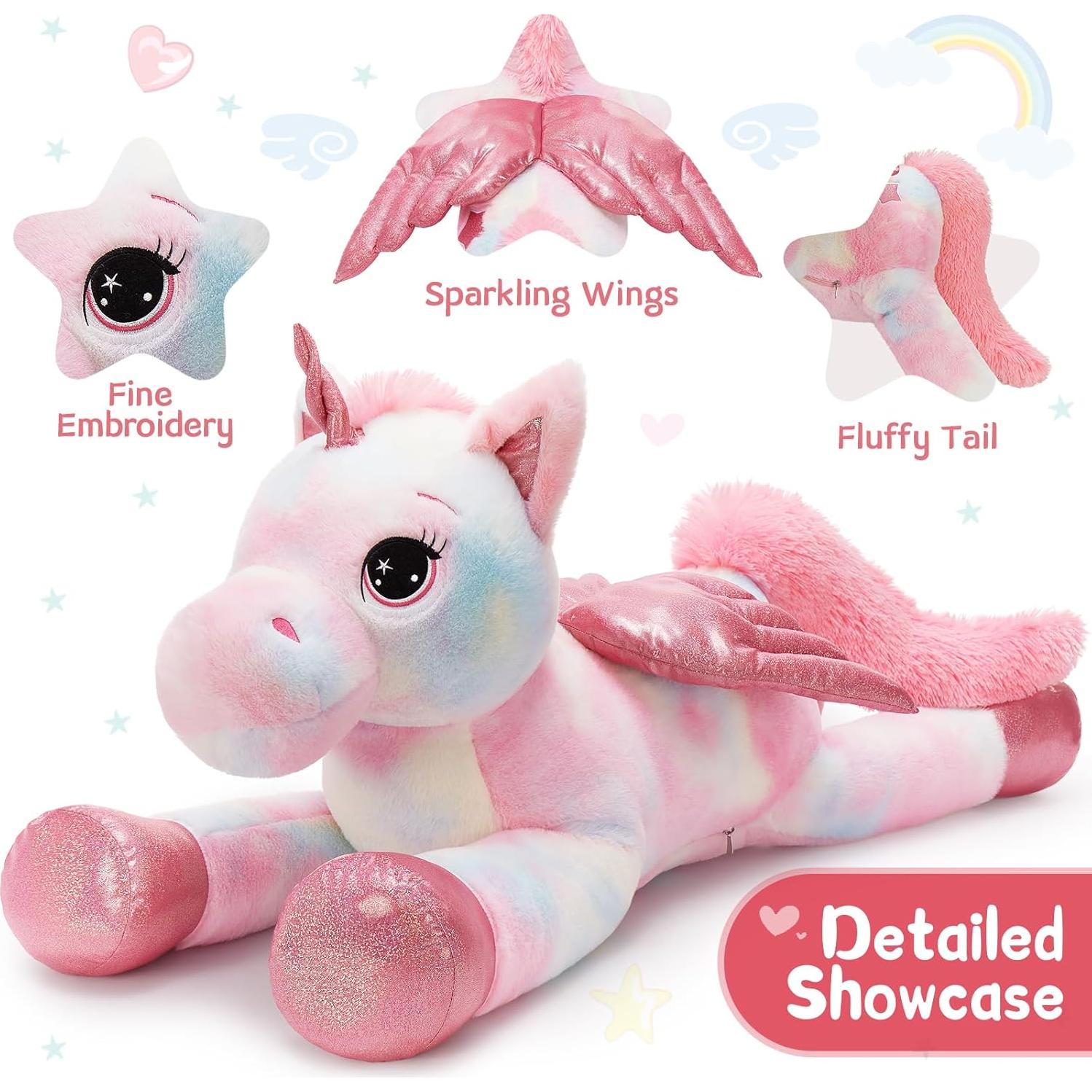 Unicornio de Peluche Rosa Arcoíris Tezituor 110 cm con Alas