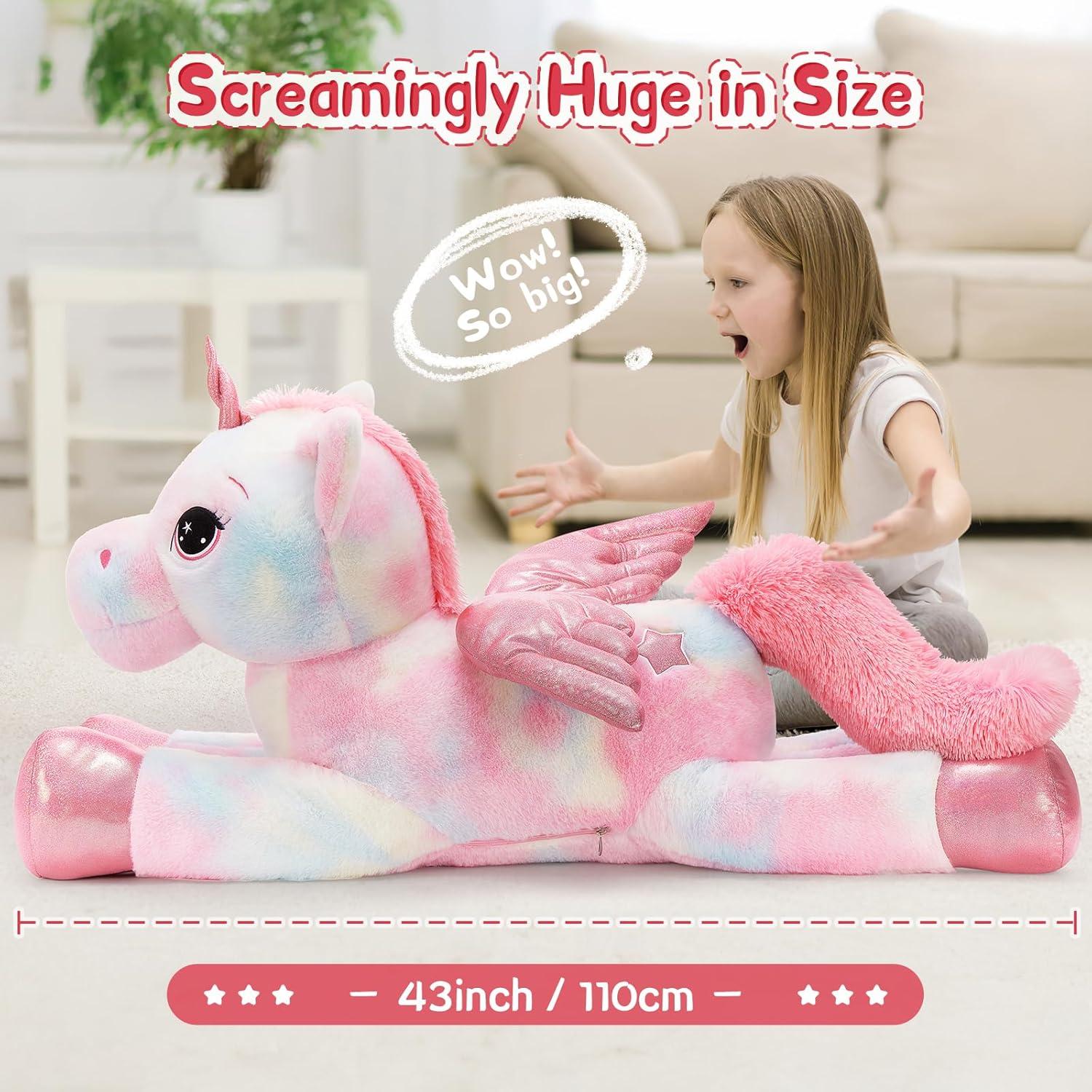 Unicornio de Peluche Rosa Arcoíris Tezituor 110 cm con Alas