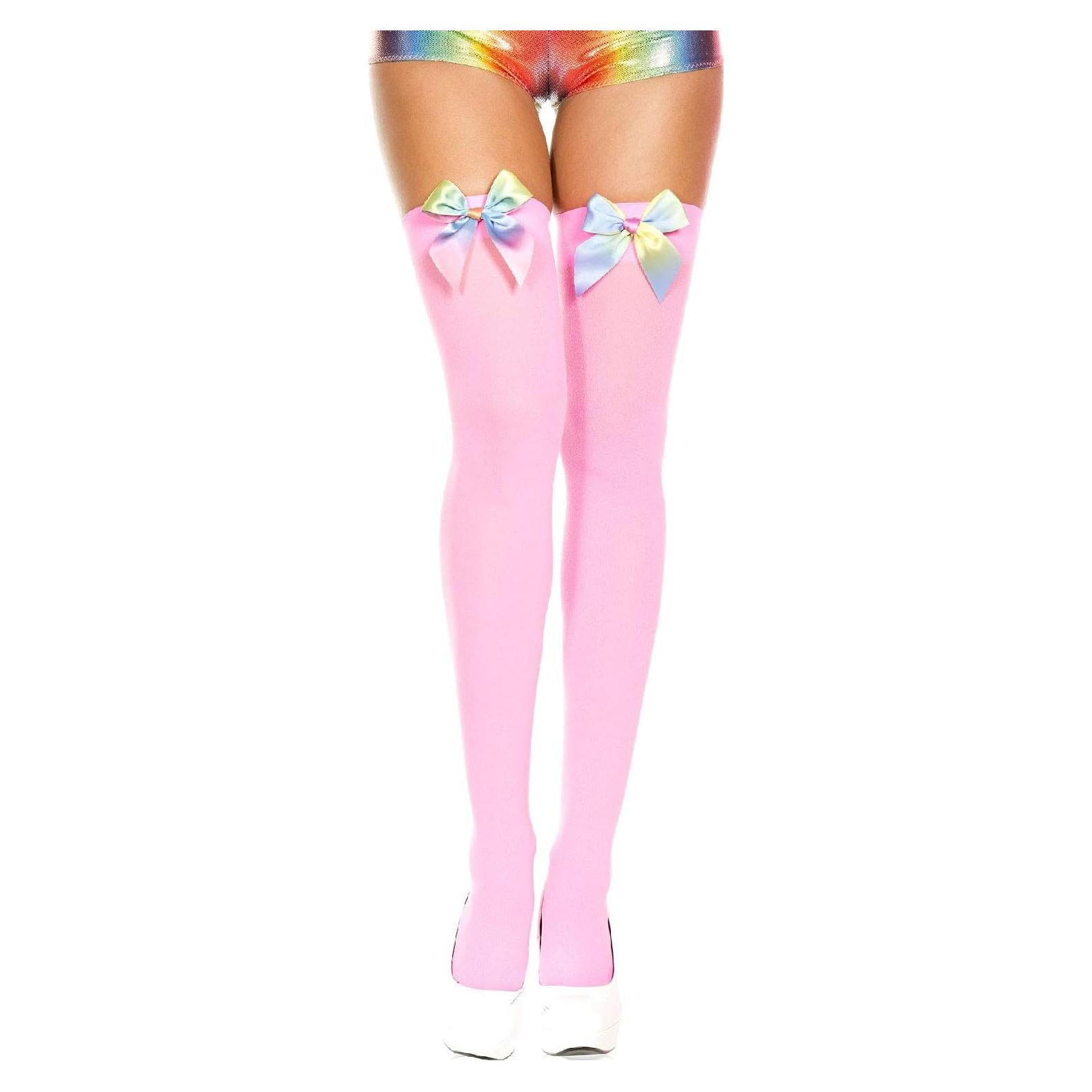 Medias Opacas Hasta el Muslo Rosa Neón con Lazos Arcoíris