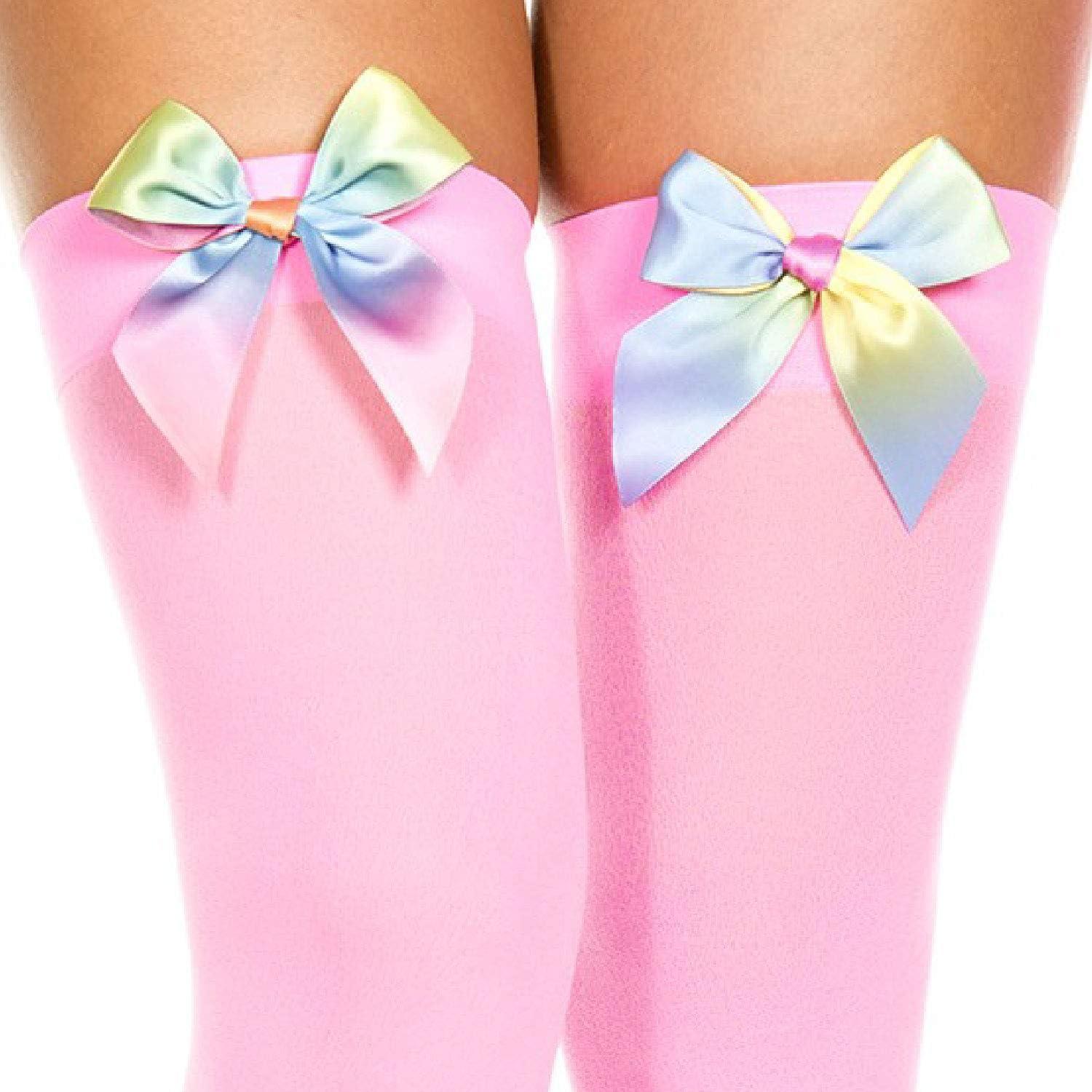 Medias Opacas Hasta el Muslo Rosa Neón con Lazos Arcoíris