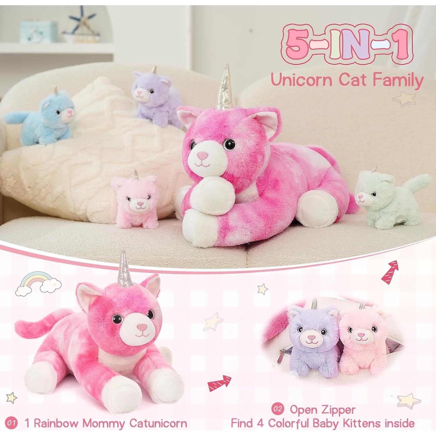 Peluche Gato Unicornio MorisMos 24" con 4 Gatitos Bebés