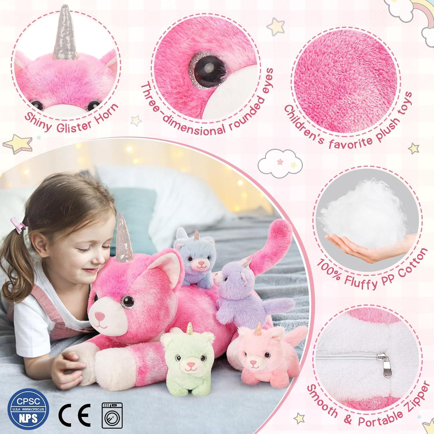 Peluche Gato Unicornio MorisMos 24" con 4 Gatitos Bebés