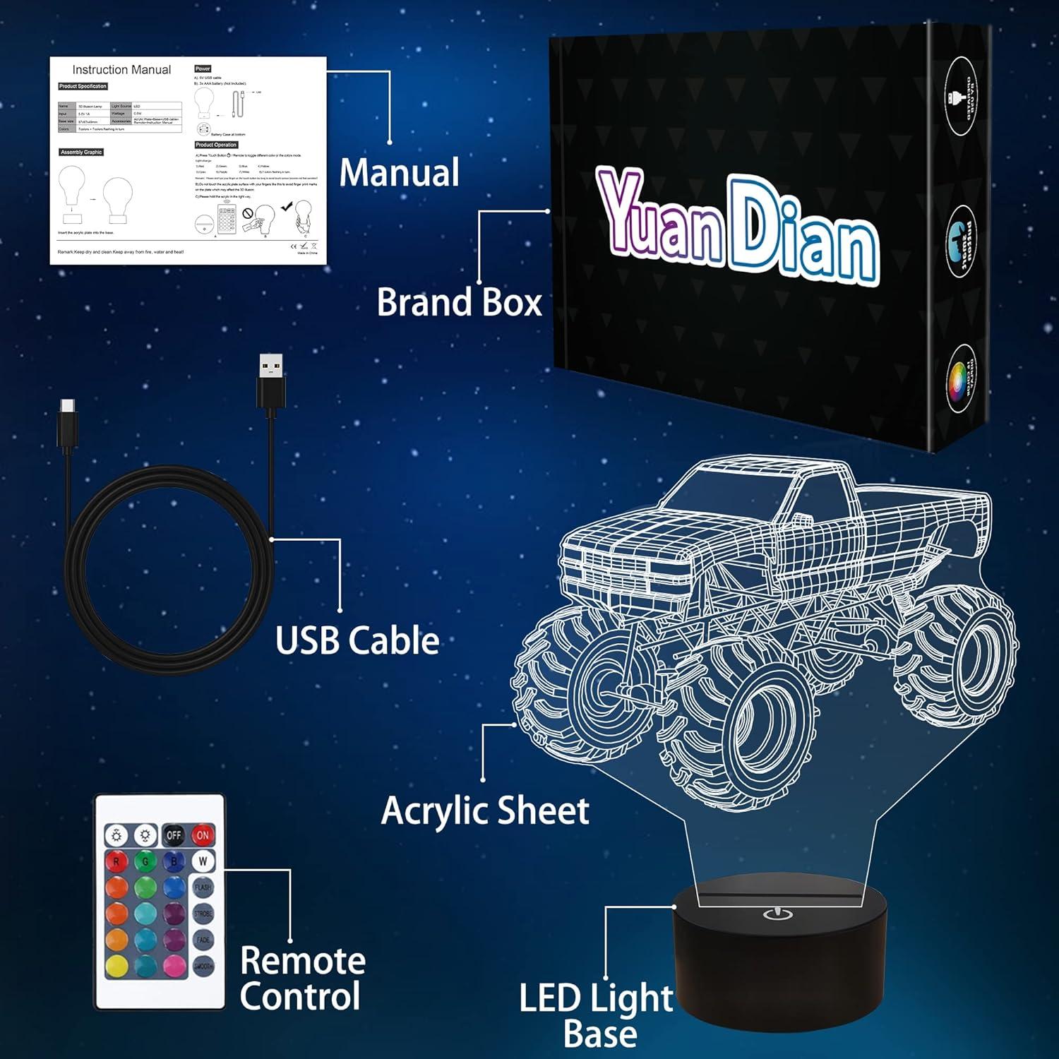 Lámpara Nocturna 3D Camión Monstruo YuanDian LED Multicolor