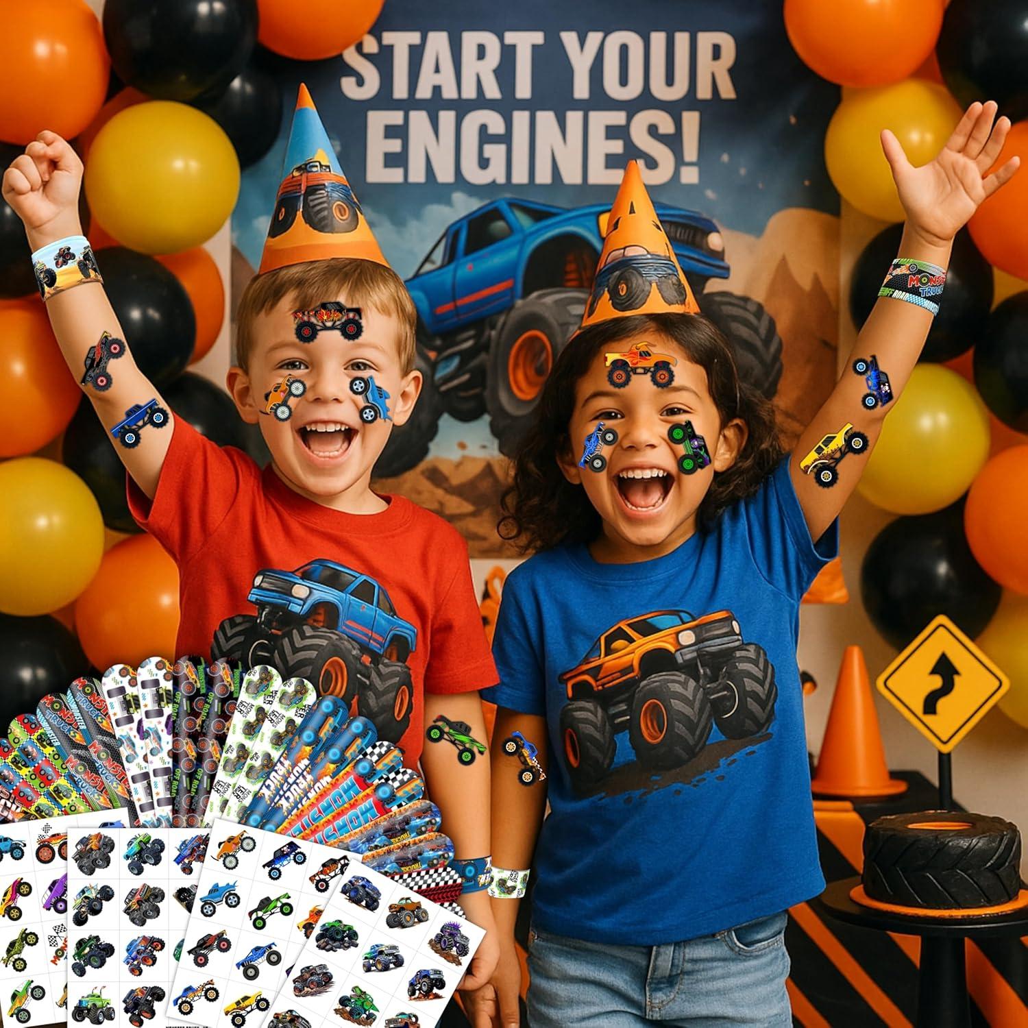 Set Fiesta Camiones Monstruo 72PCS - 48 Tatuajes + 24 Pulseras