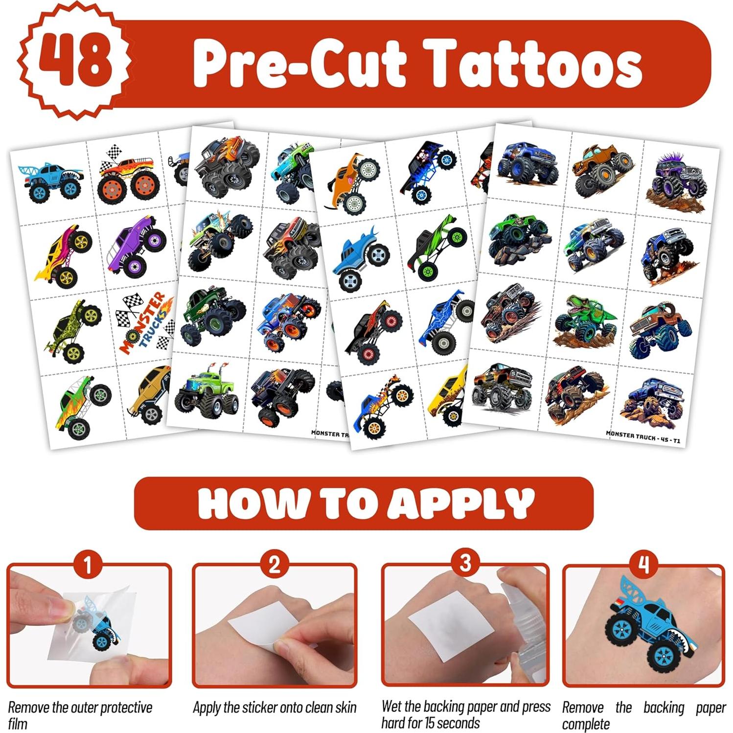 Set Fiesta Camiones Monstruo 72PCS - 48 Tatuajes + 24 Pulseras