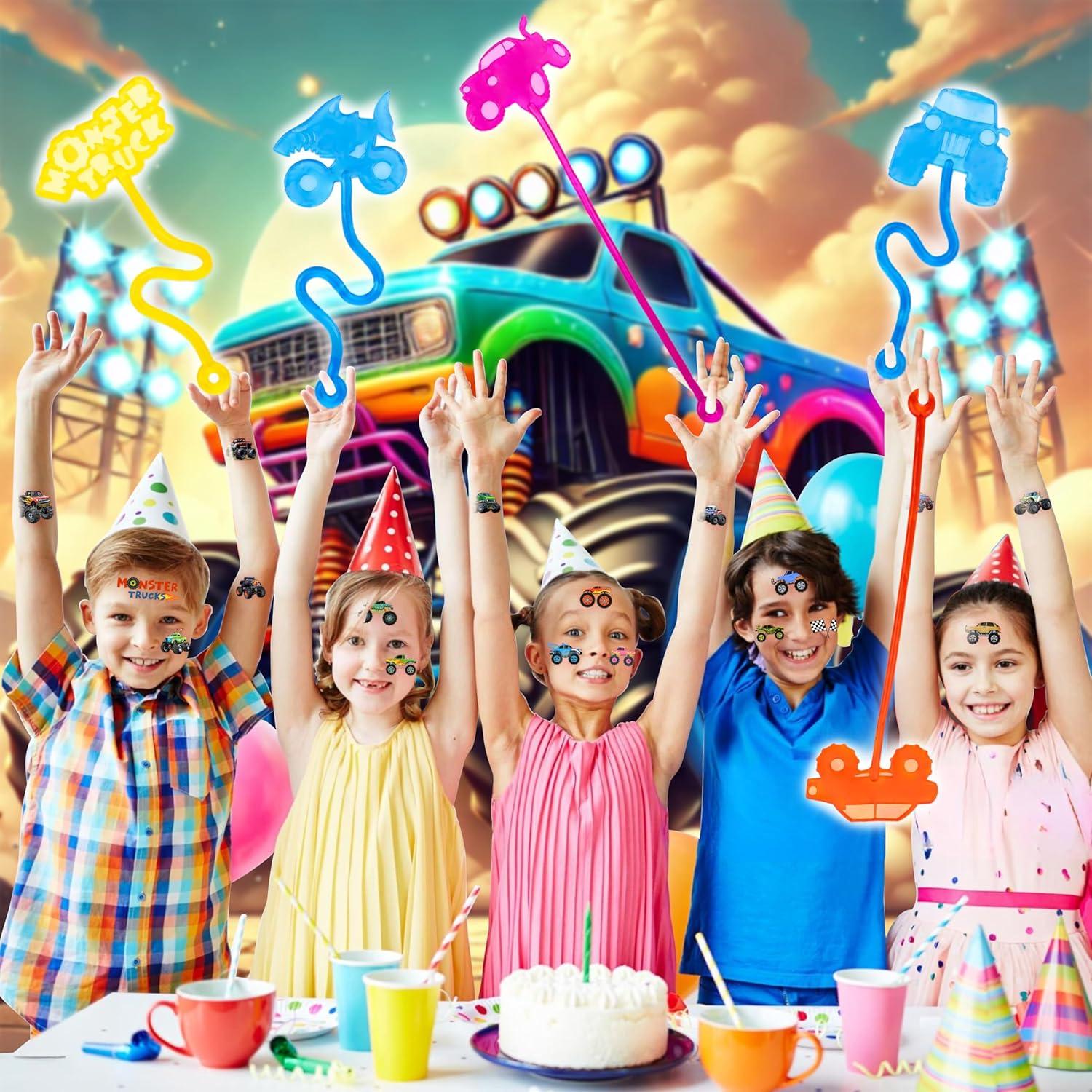 48PCS Fiesta Camiones Monstruo - 24 Tatuajes + 24 Manos Pegajosas
