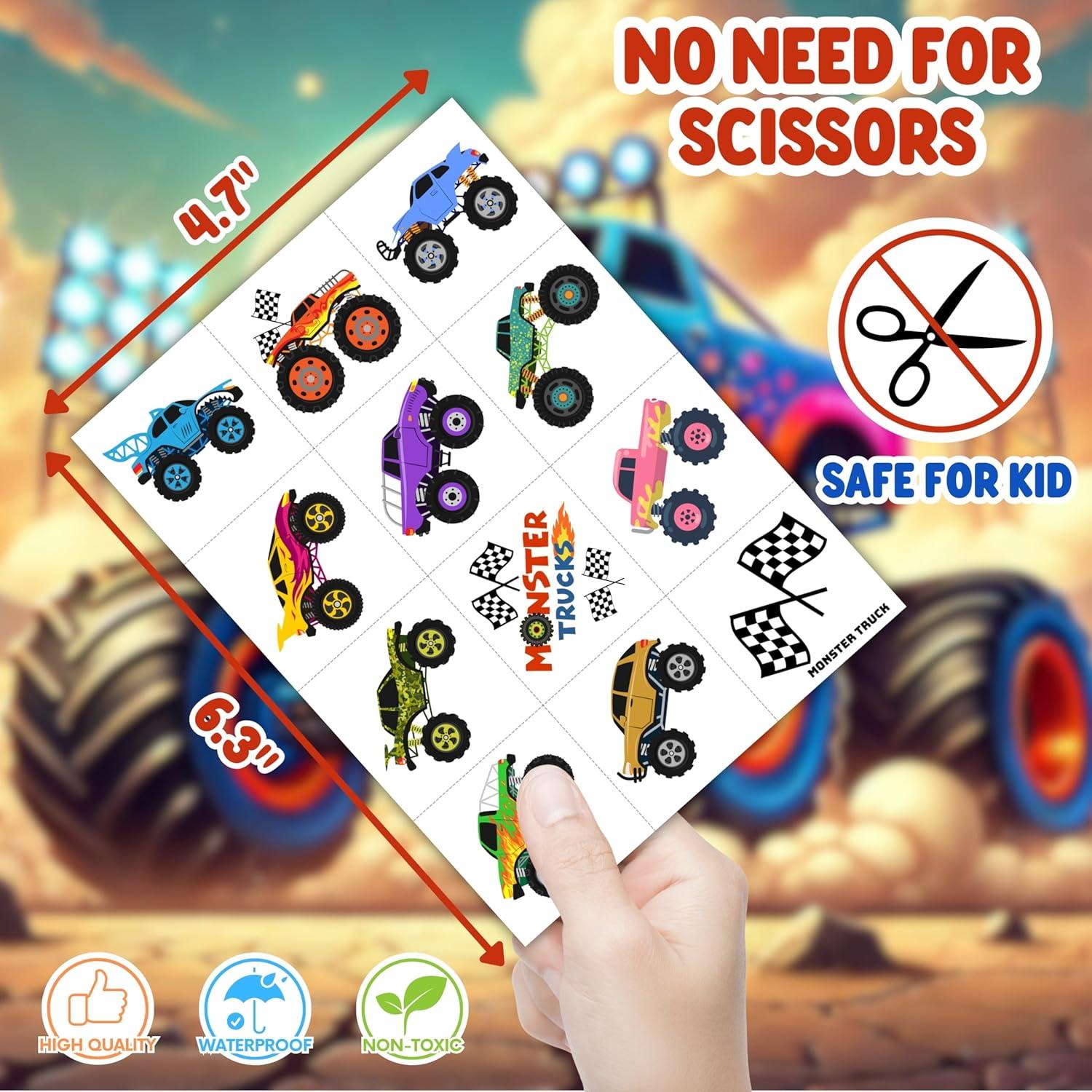 48PCS Fiesta Camiones Monstruo - 24 Tatuajes + 24 Manos Pegajosas