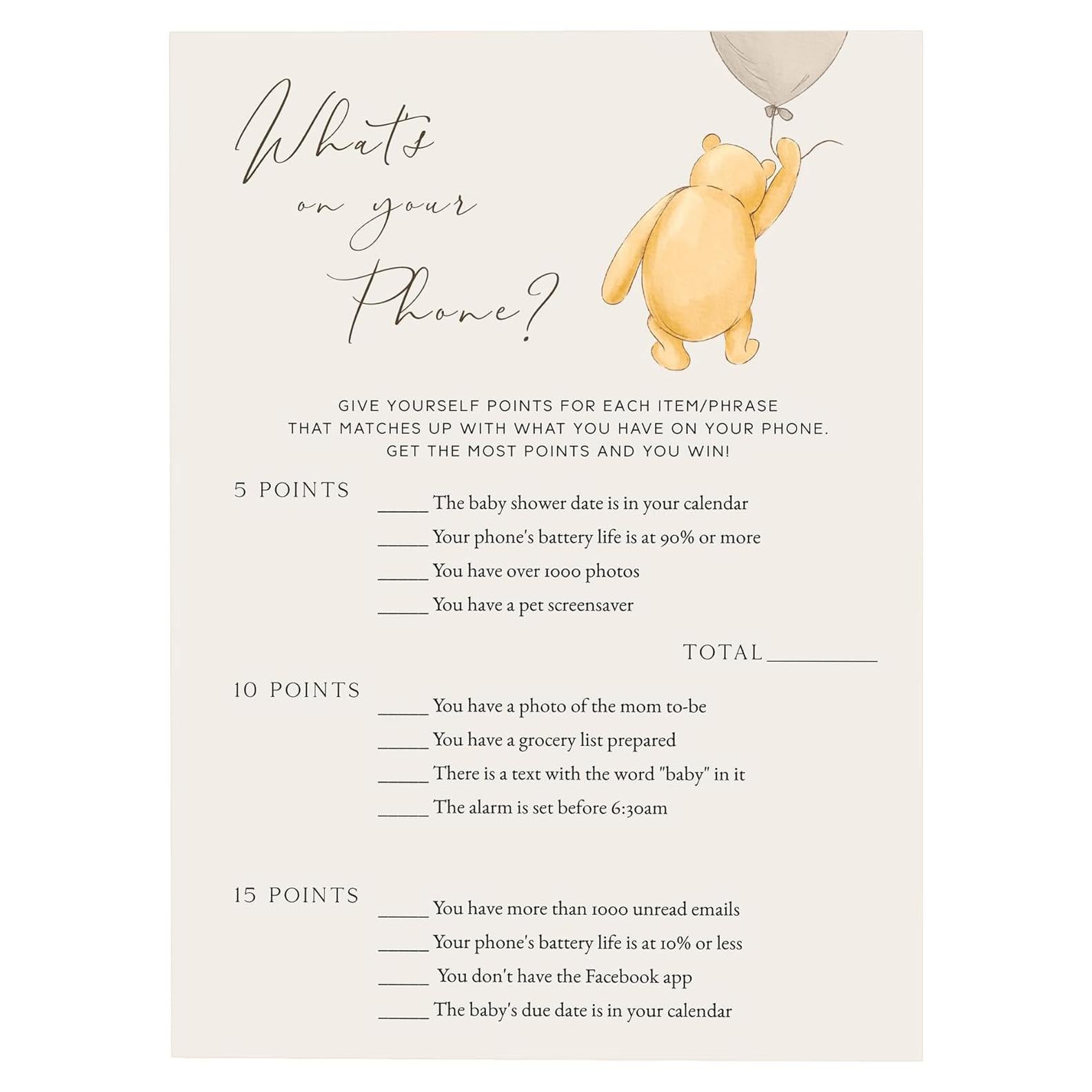 Juego de Baby Shower Winnie Pooh - 30 Tarjetas Adivinanzas