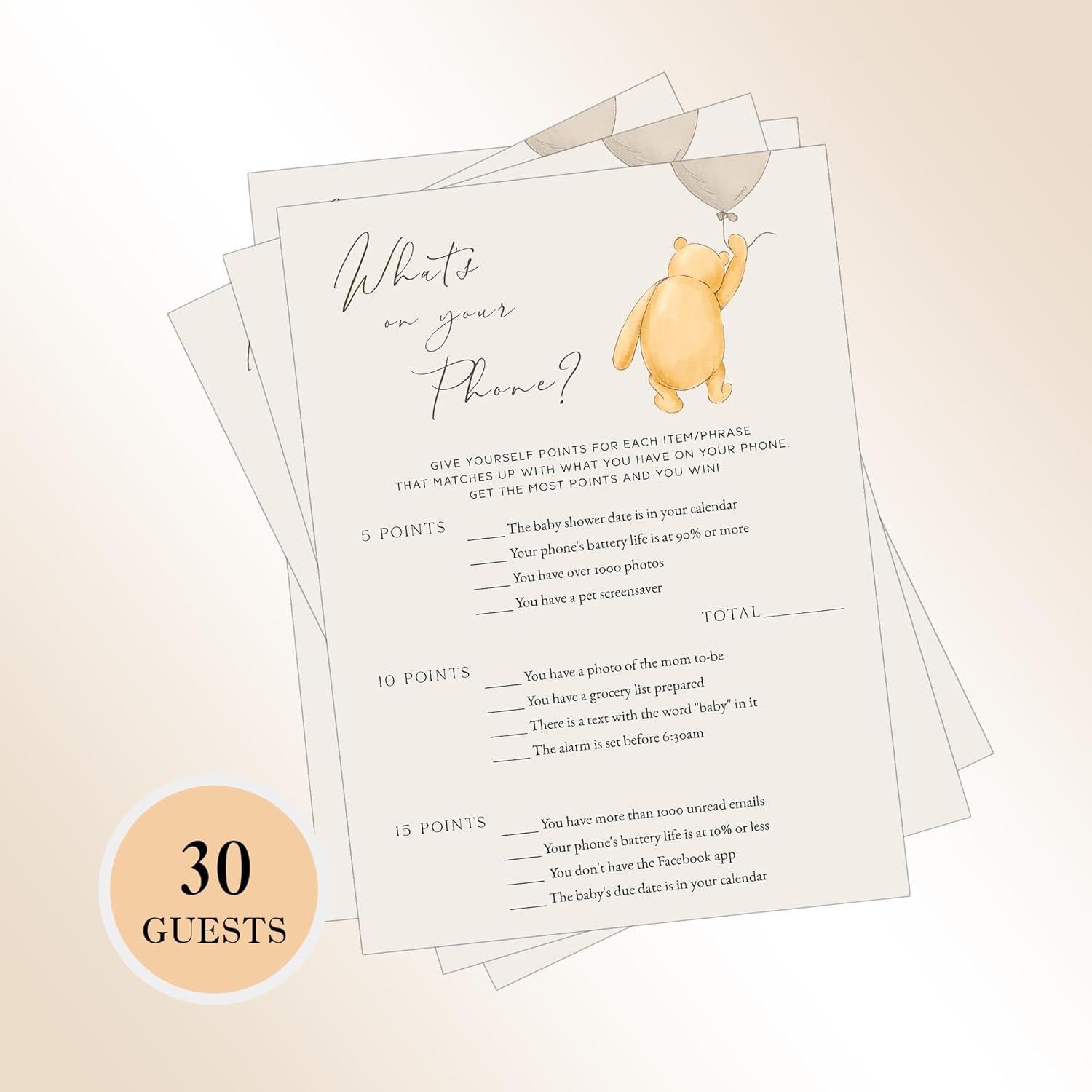 Juego de Baby Shower Winnie Pooh - 30 Tarjetas Adivinanzas