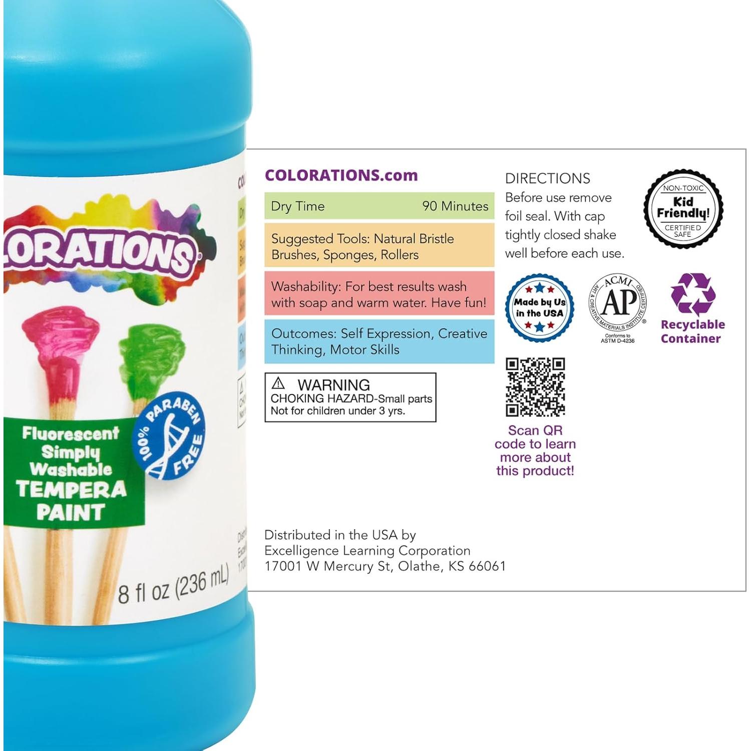 Pintura Tempera Lavable Coloraciones Fluorescente Set 6 x 236ml