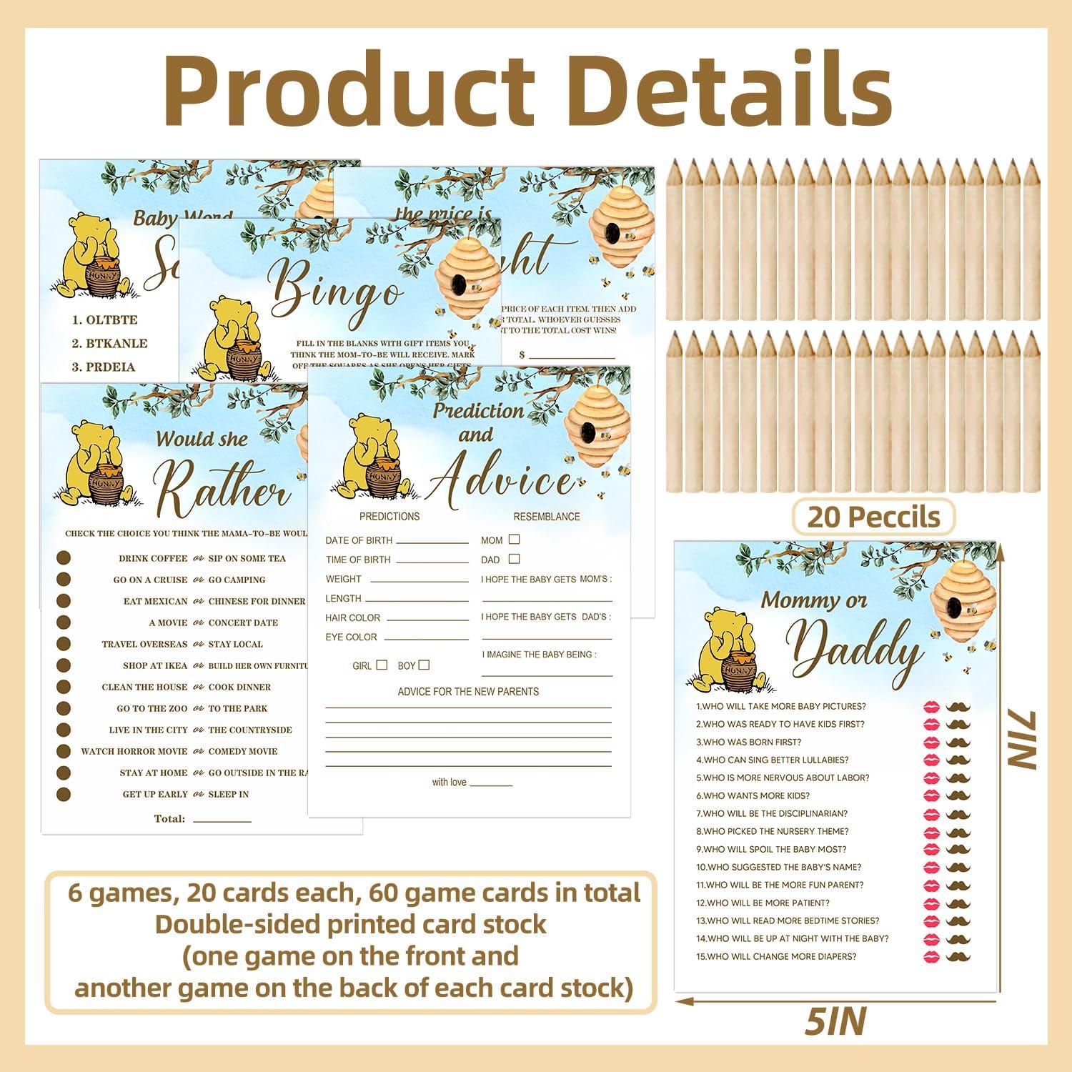 Juego de Tarjetas para Baby Shower Winnie 101 Pcs - 6 Juegos