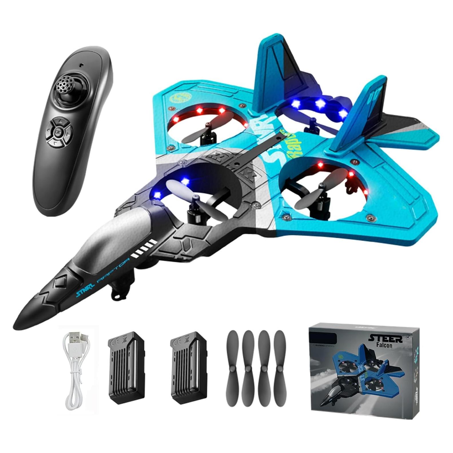 V17 Jet Fighter Stunt RC Plane - 2024 New Remote Control Airplane with 2.4GHz, 2 Batteries, 360° Stunt Spin, Durable Foam & Light RC Fighter Jet Airplane for Kid Boy (Blue with 2Pcs Battery)