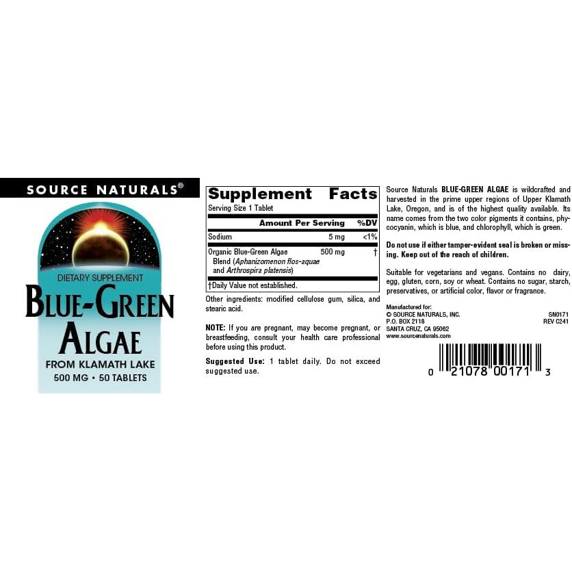 Tabletas de Algas Azul-Verde Klamath Source Naturals 500 mg - 50 Unidades