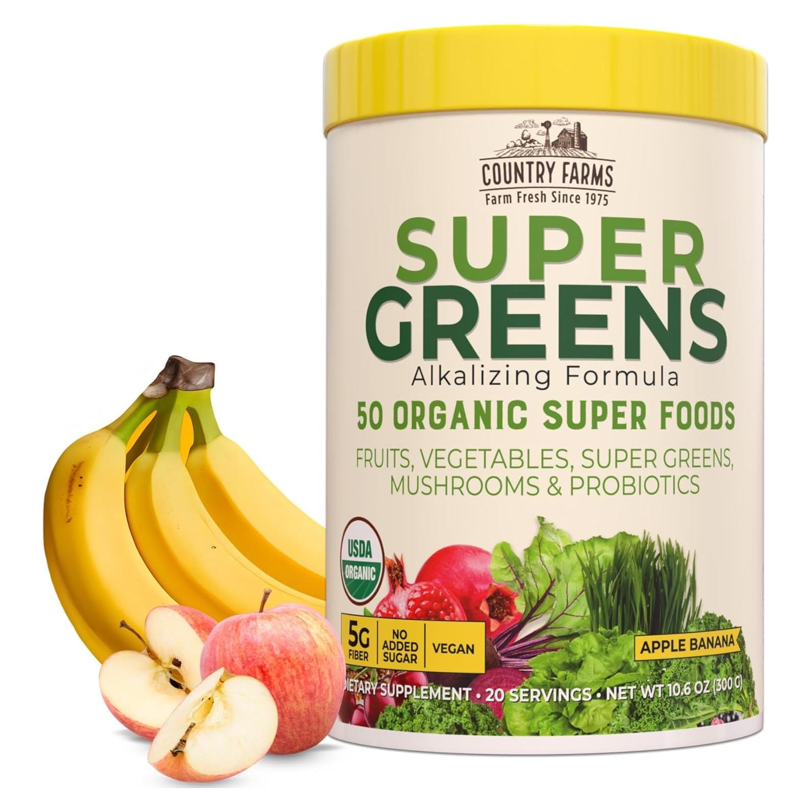 Country Farms Super Greens Orgánico 300g Sabor Manzana Plátano