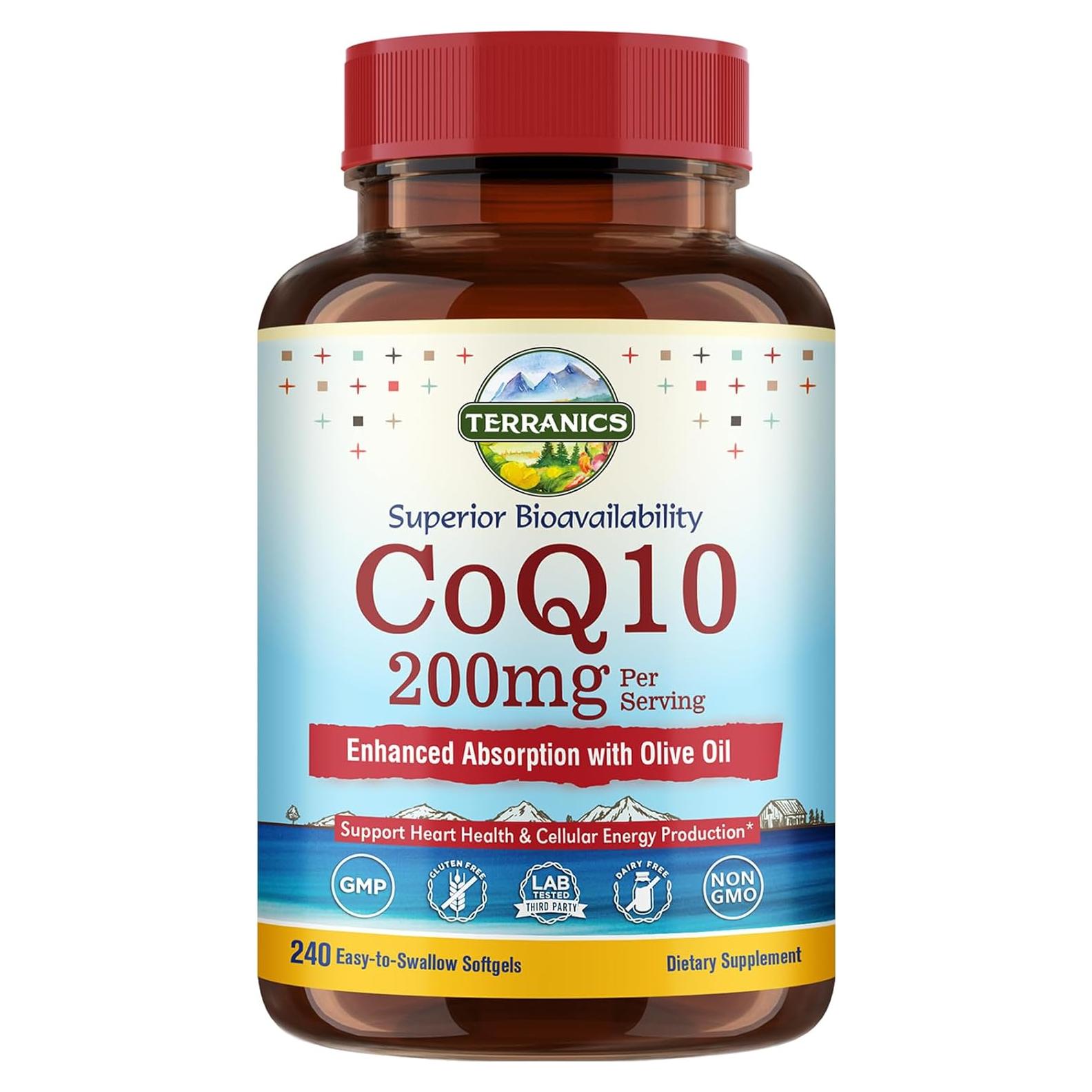 Suplemento CoQ10 200mg Terranics con Aceite de Oliva 240 Softgels