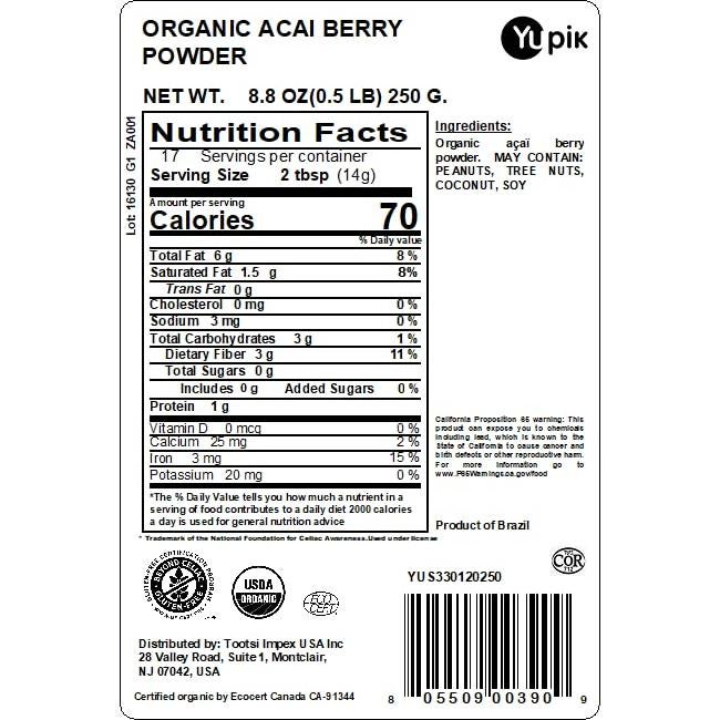 Polvo de Baya de Acai Orgánico Yupik 250g Vegano Sin Gluten
