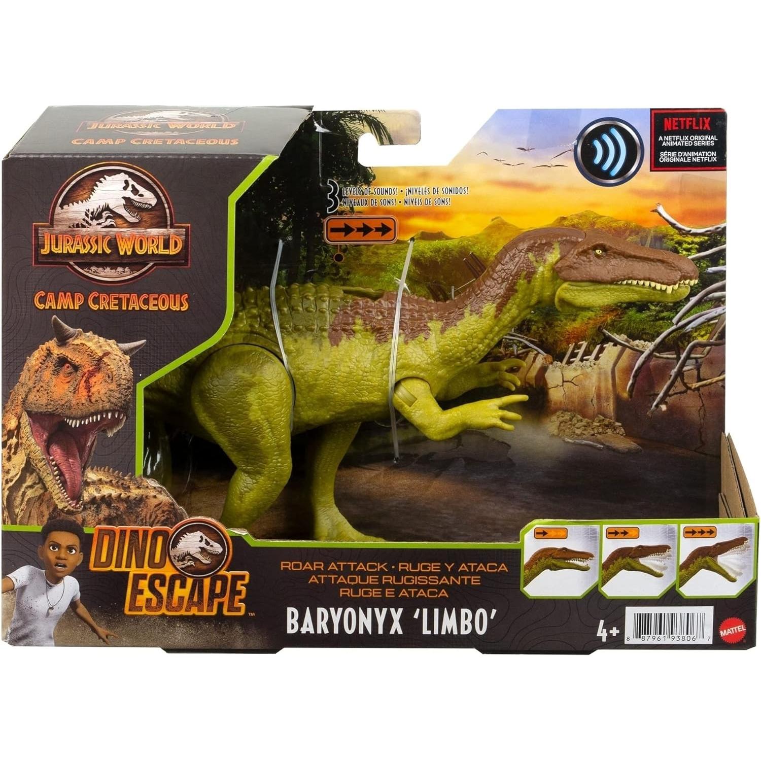 Figura de acción Mattel Jurassic World Baryonyx Limbo con sonidos