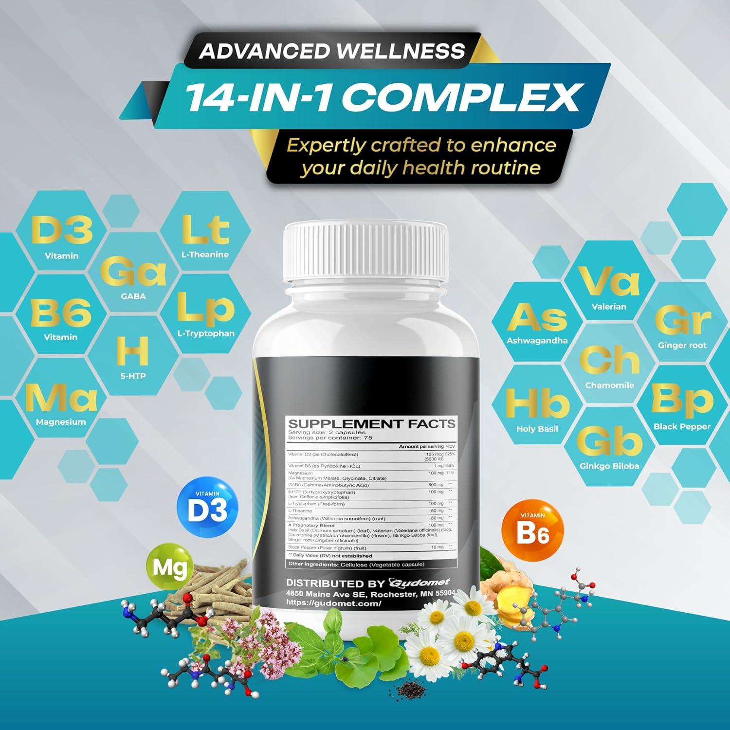 Suplemento GUDOMET GABA 5-HTP L-Triptófano 150 Cápsulas