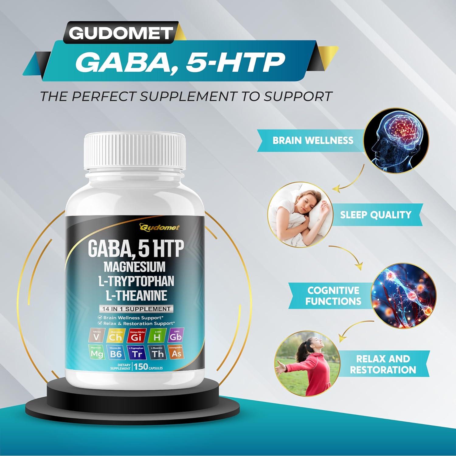 Suplemento GUDOMET GABA 5-HTP L-Triptófano 150 Cápsulas
