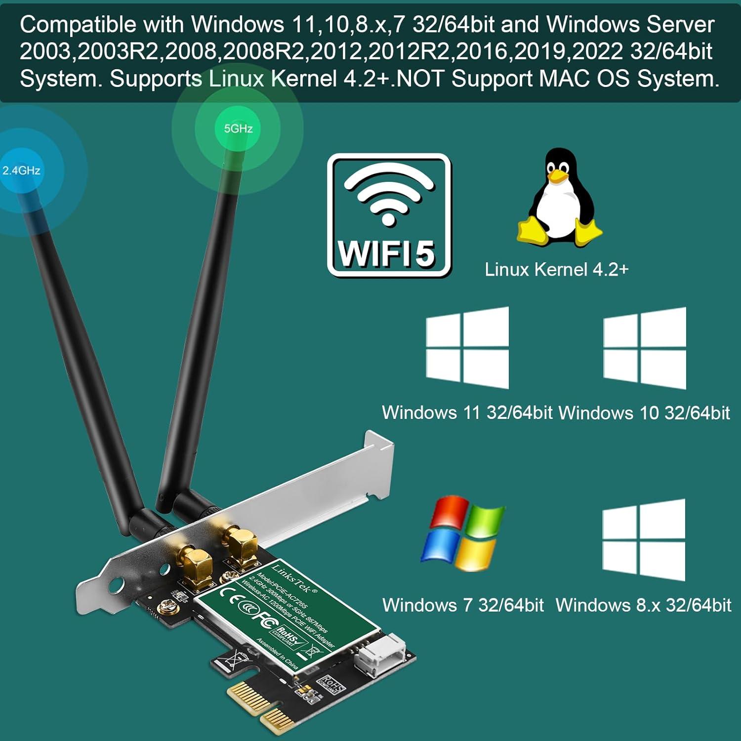 Adaptador WiFi PCIe LinksTek AC 1200Mbps Doble Banda