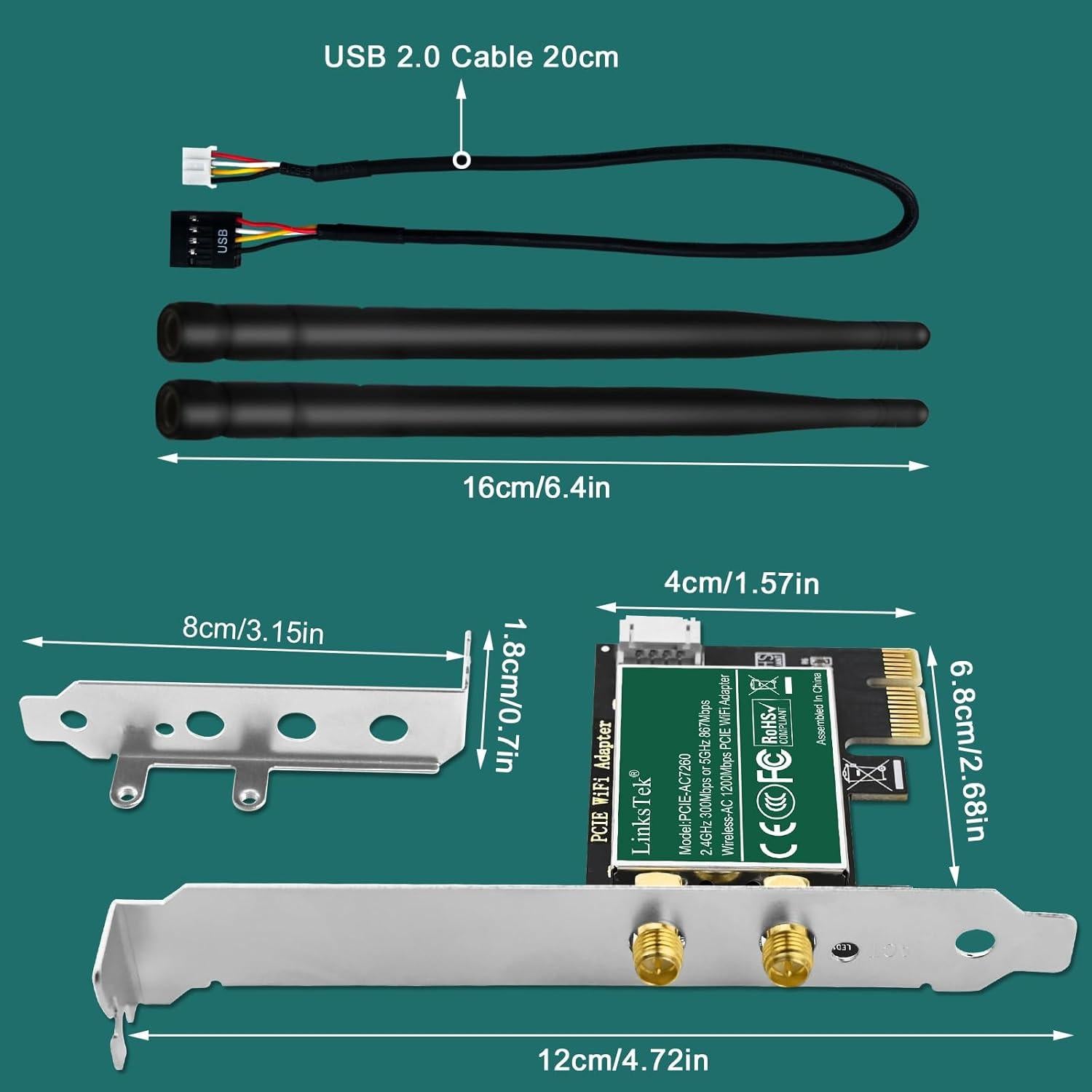Adaptador WiFi PCIe LinksTek AC 1200Mbps Doble Banda
