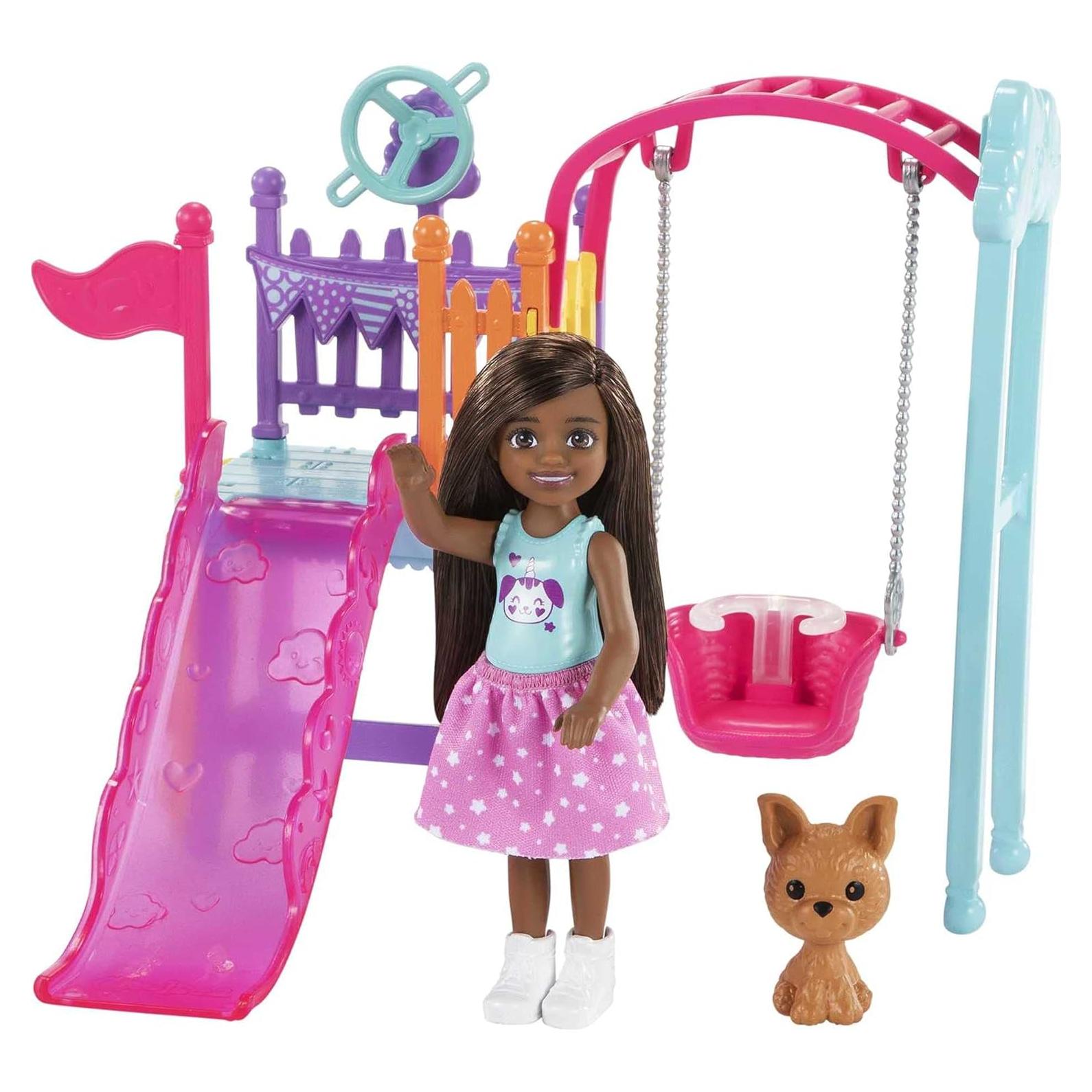 Juego de Columpio Barbie Chelsea con Muñeca y Perrito 15 cm