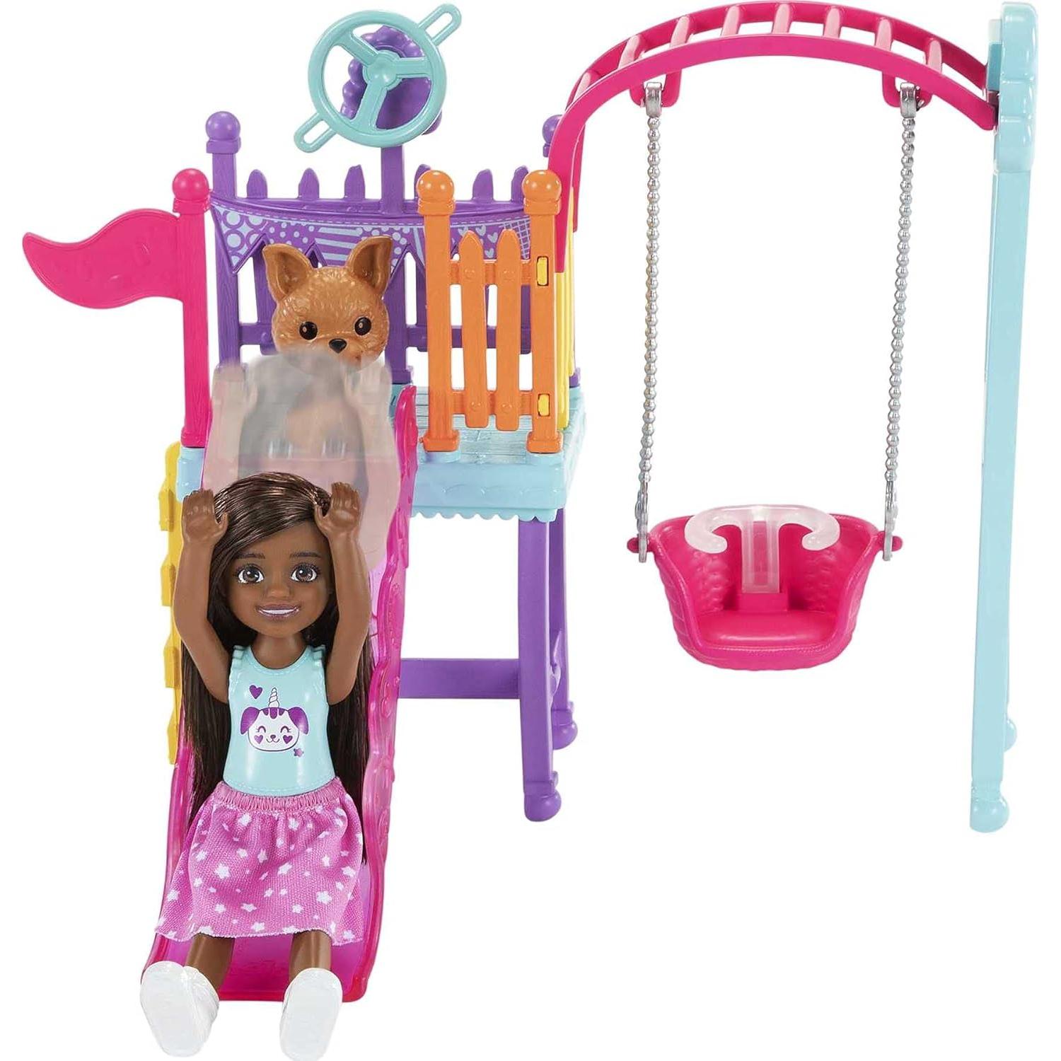 Juego de Columpio Barbie Chelsea con Muñeca y Perrito 15 cm