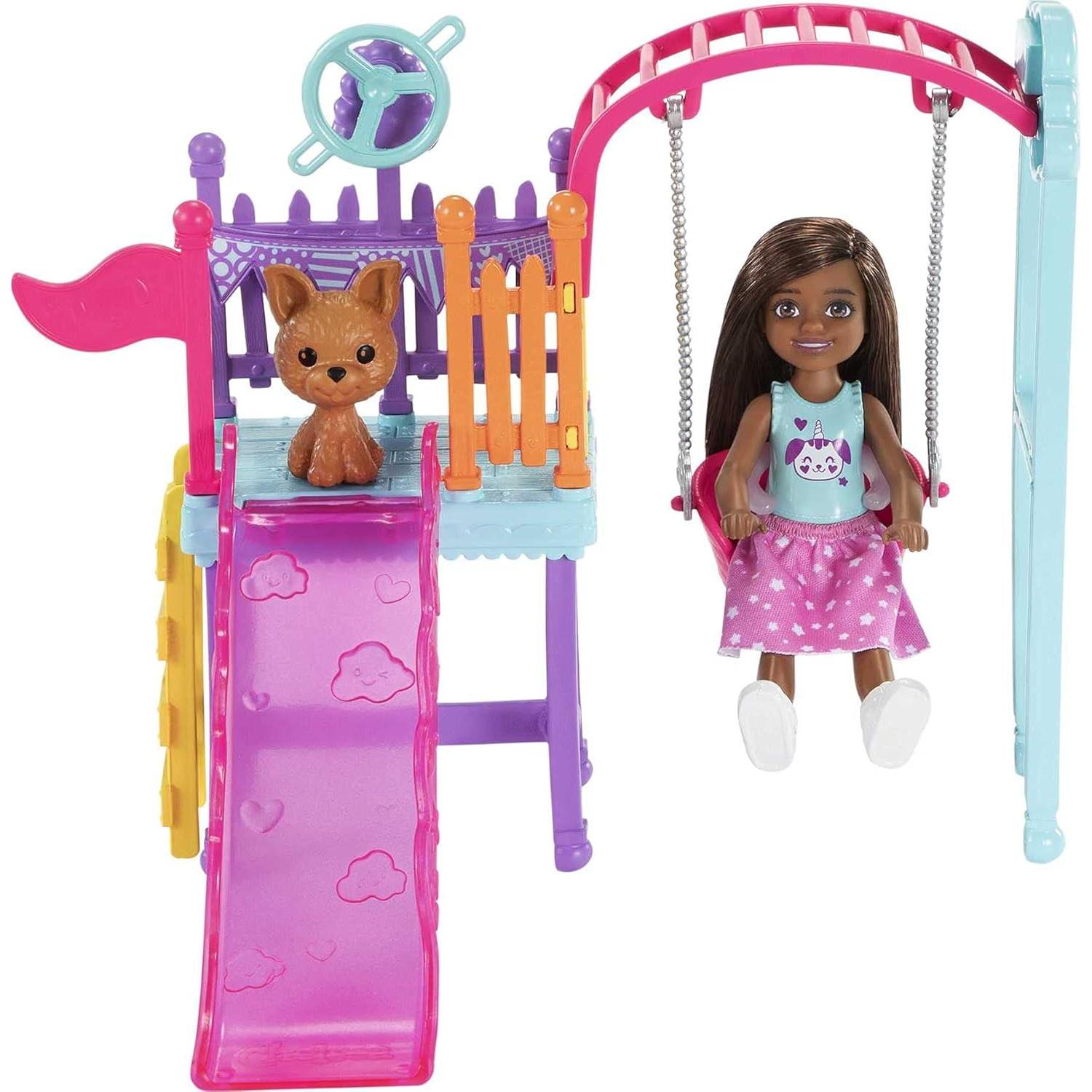 Juego de Columpio Barbie Chelsea con Muñeca y Perrito 15 cm
