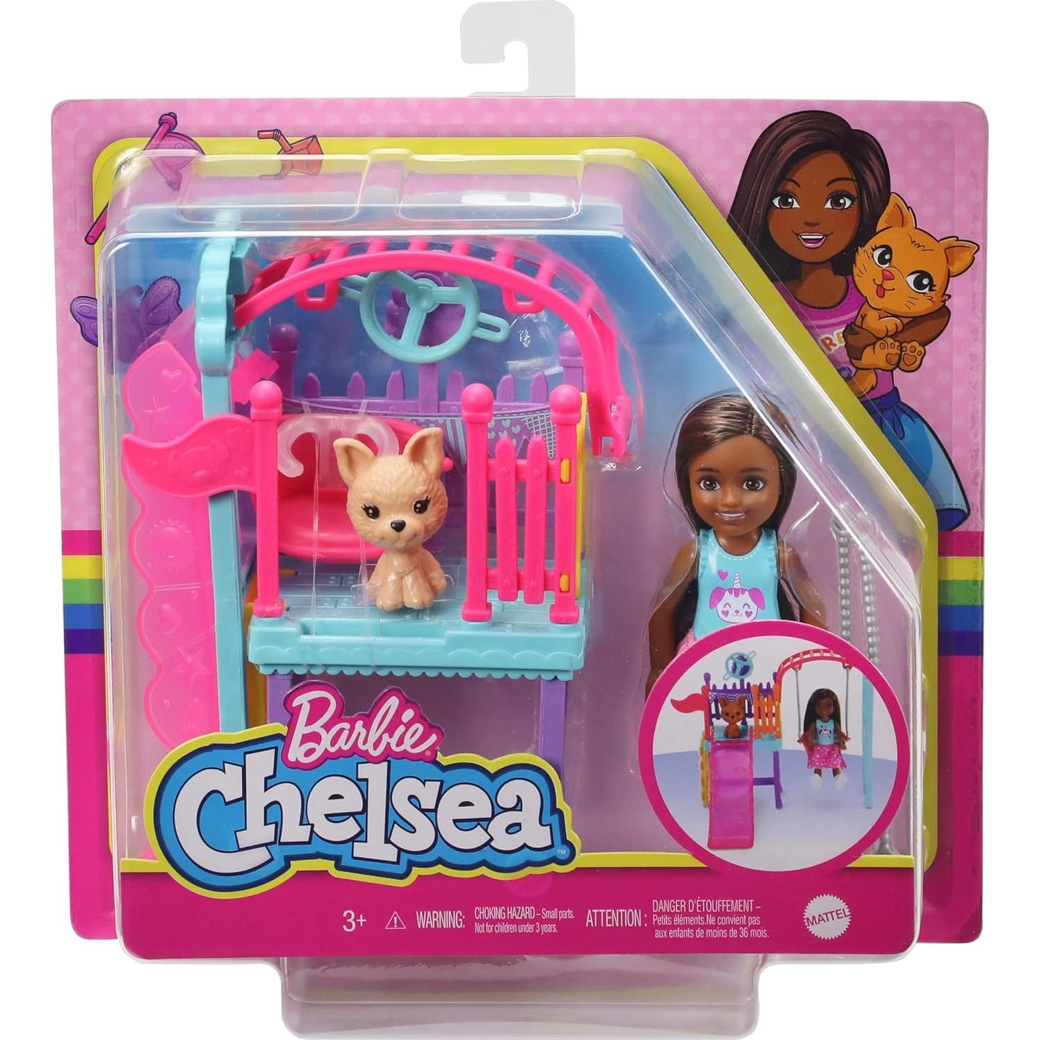 Juego de Columpio Barbie Chelsea con Muñeca y Perrito 15 cm