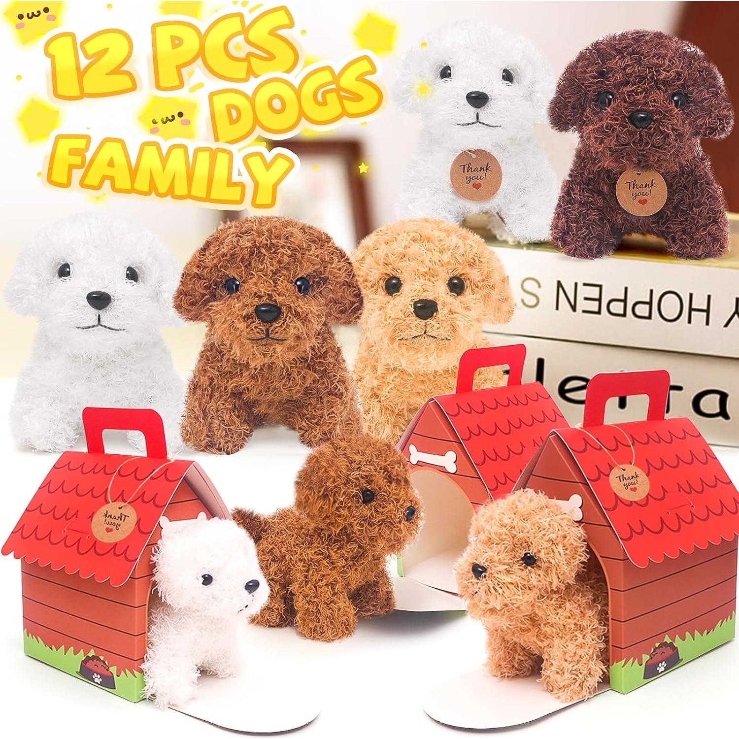 12 Mini Perros de Peluche HAPGFS con Llaveros y Casa