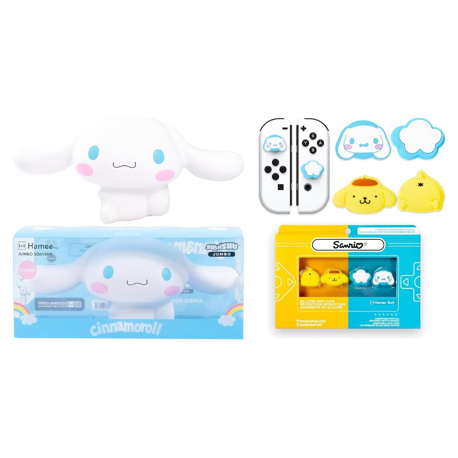 Bundle Squishy Cinnamoroll y Thumb Grips Hello Kitty Nintendo Switch