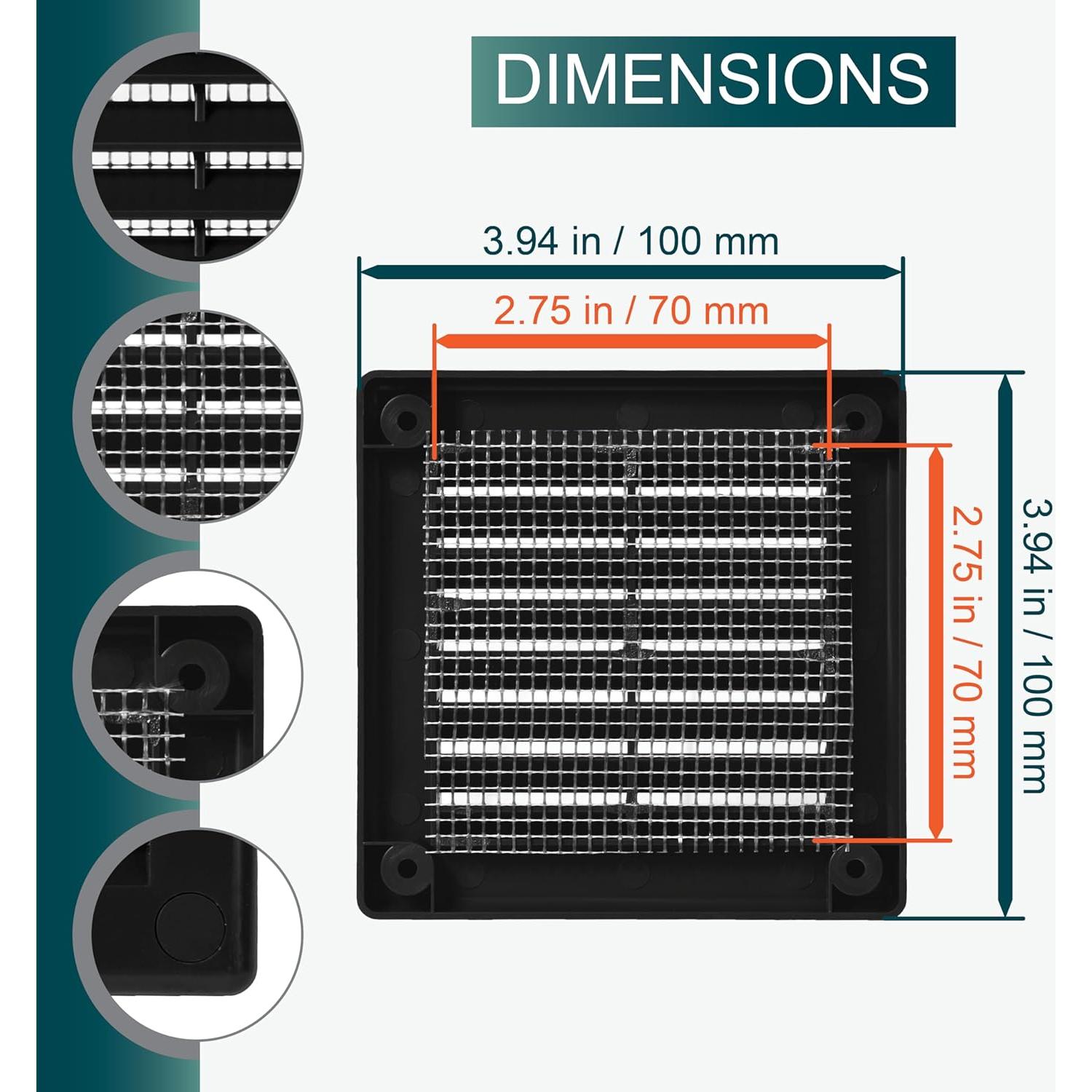 Rejilla de Ventilación Cuadrada ECOPRO VENT 100mm x 100mm Negra