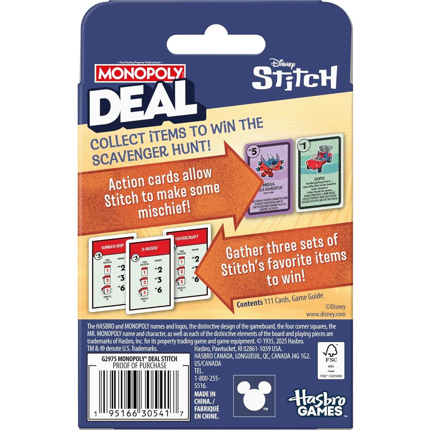 Monopoly Deal Disney Stitch Juego de Cartas 2-5 Jugadores