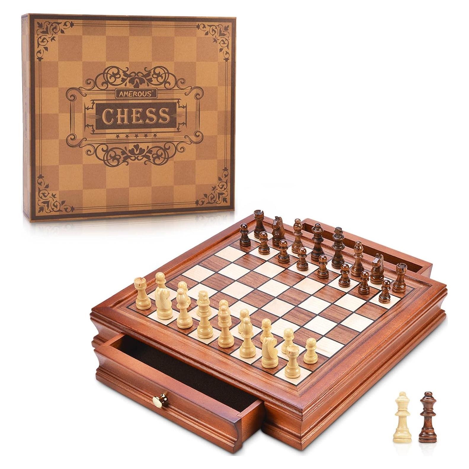 Juego de Ajedrez Magnético de Madera AMEROUS 32.5 cm con 2 Cajones