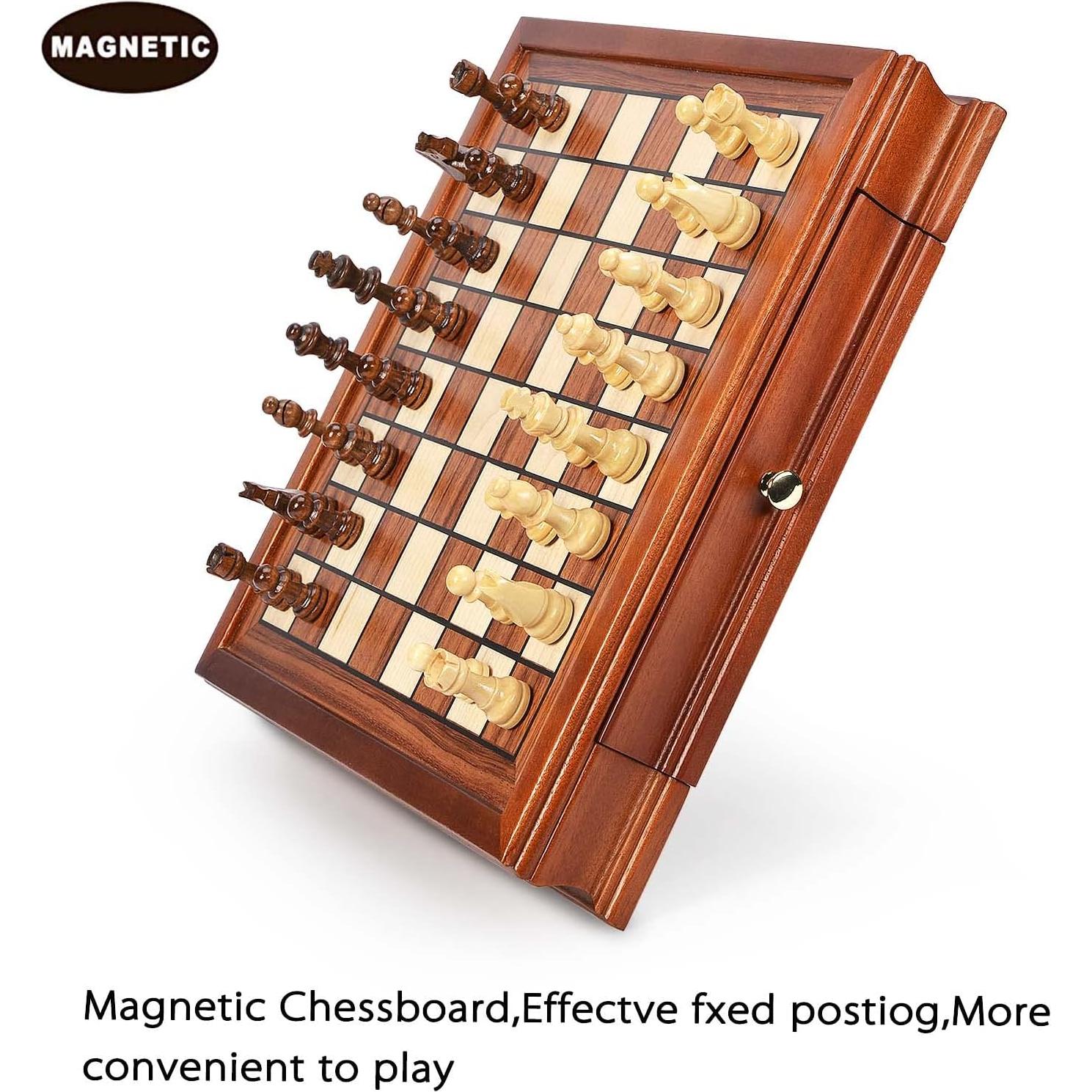 Juego de Ajedrez Magnético de Madera AMEROUS 32.5 cm con 2 Cajones