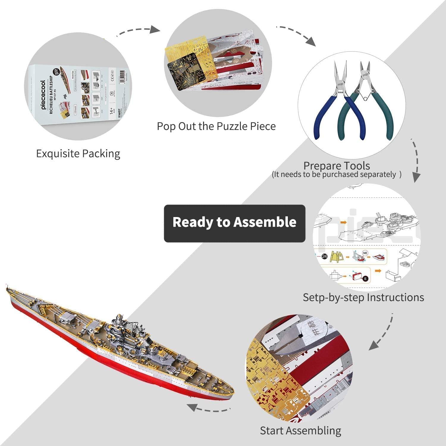 Rompecabezas 3D de Metal Piececool Barco de Guerra Richelieu 300 Pcs