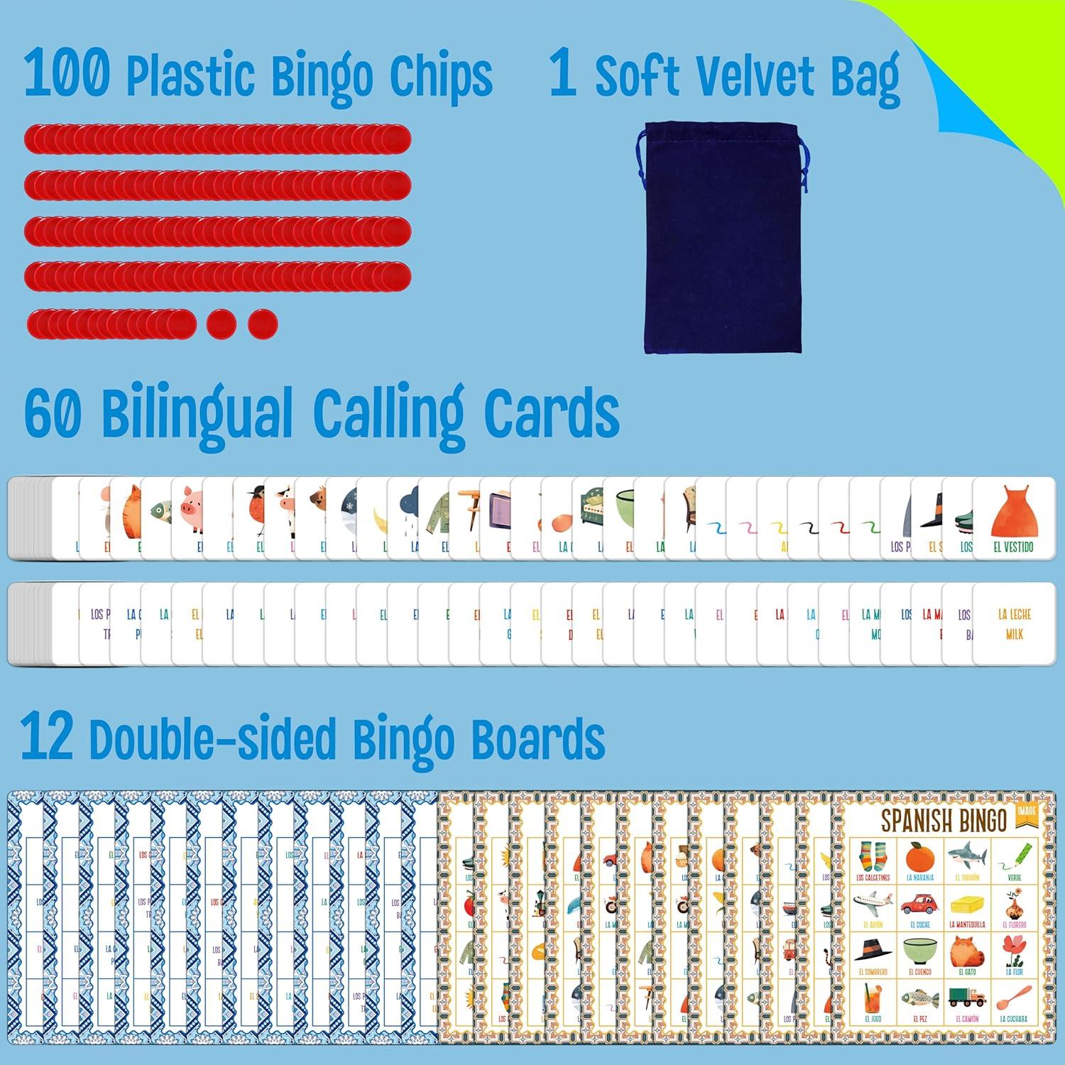 Juego de Bingo Bilingüe SpriteGru - 12 Tableros para 12 Jugadores