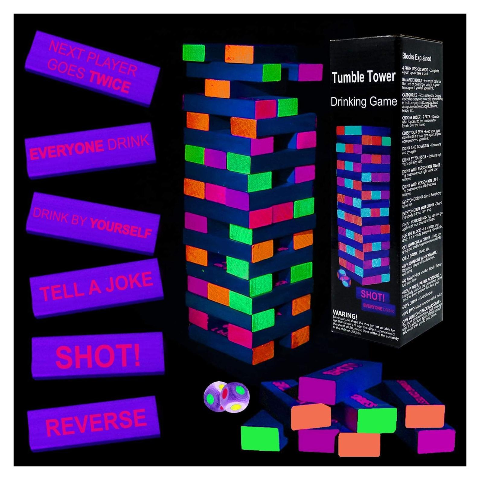 Juego de Bebida Torre de Caída con Luz Negra - 54 Bloques