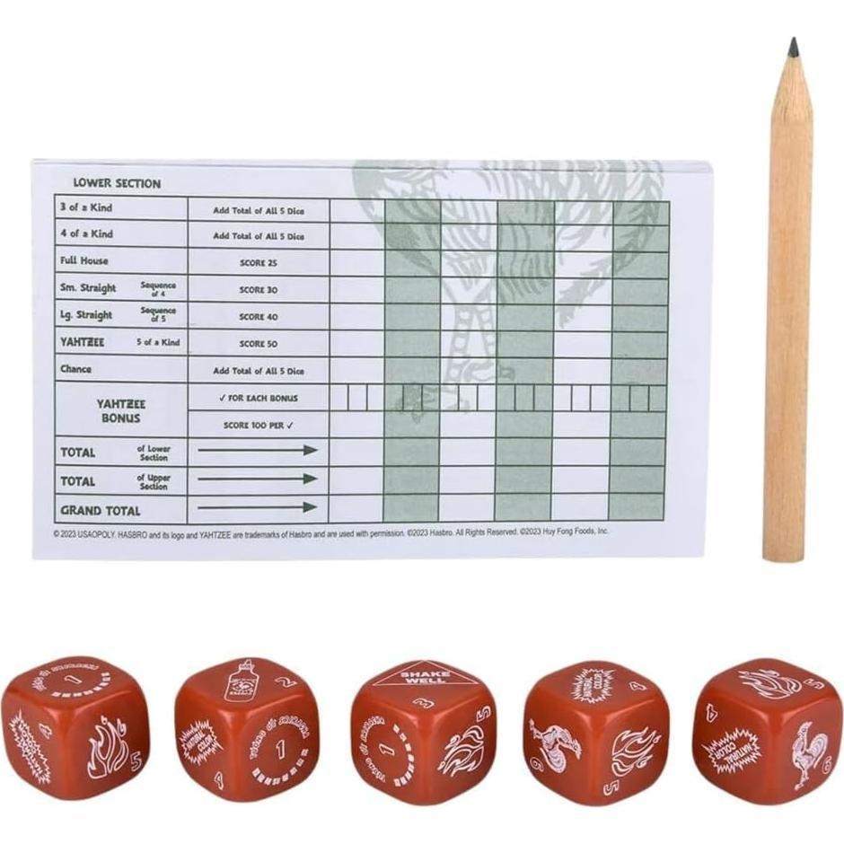 Juego de Dados YAHTZEE Sriracha - Taza y Dados Temáticos