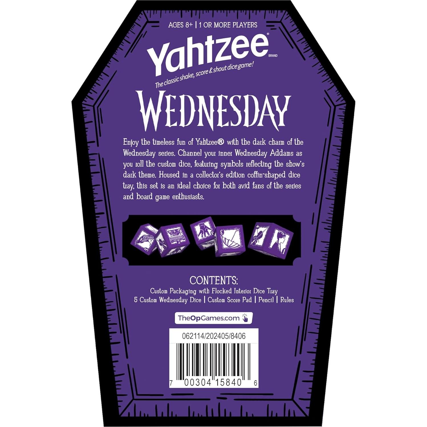 Juego de Dados Yahtzee Miércoles Addams - Taza Ataúd Coleccionista