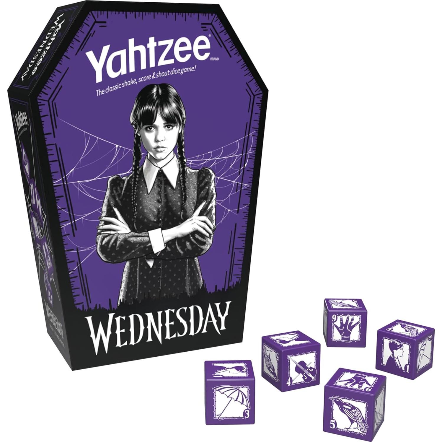Juego de Dados Yahtzee Miércoles Addams - Taza Ataúd Coleccionista