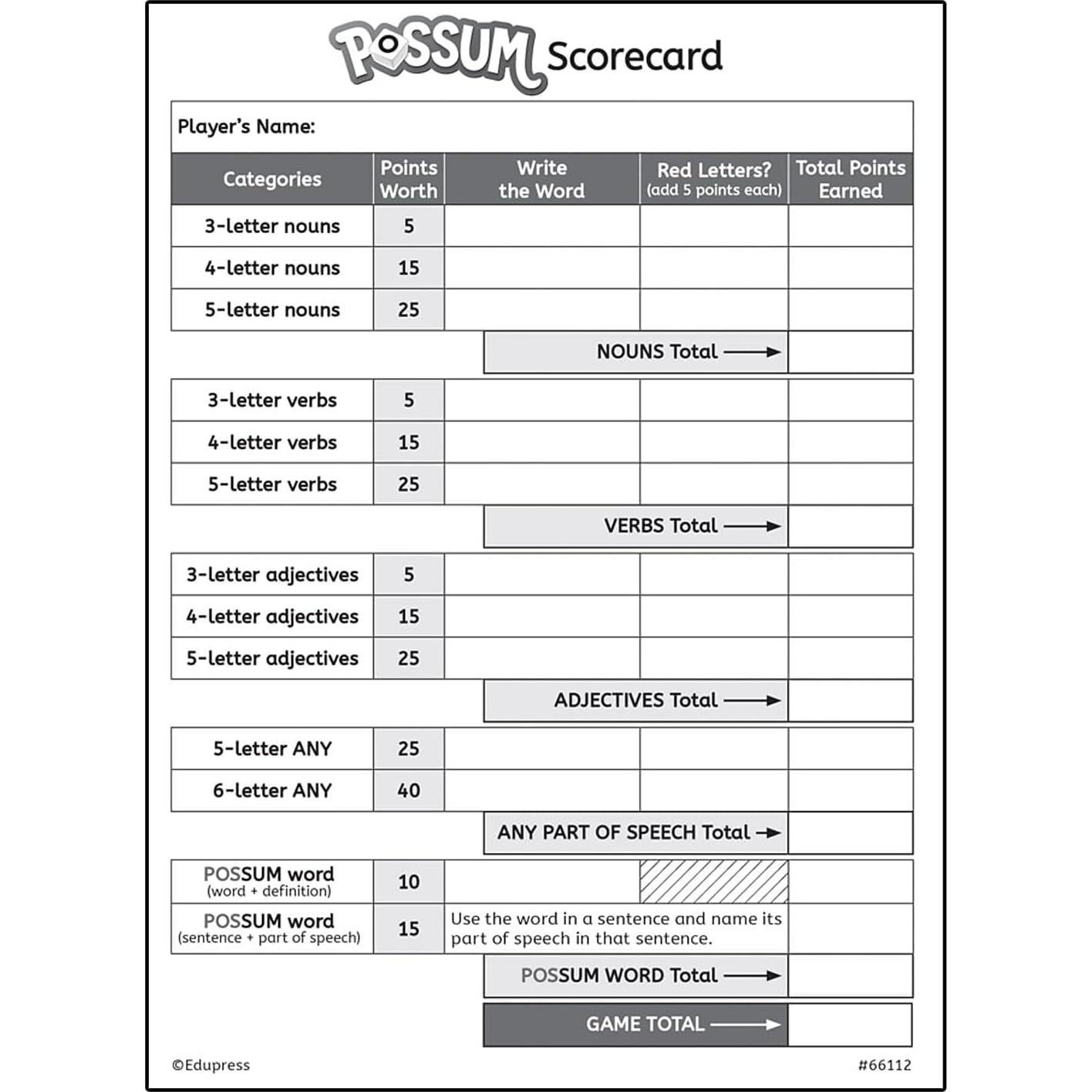 Juego de Dados de Palabras POSSUM - Recursos Creado por el Maestro
