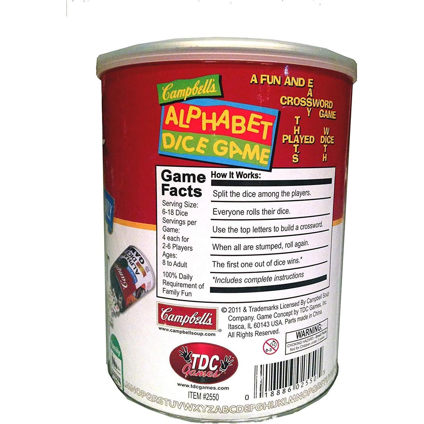 Juego de Dados del Alfabeto TDC en Lata de Sopa - 2-6 Jugadores