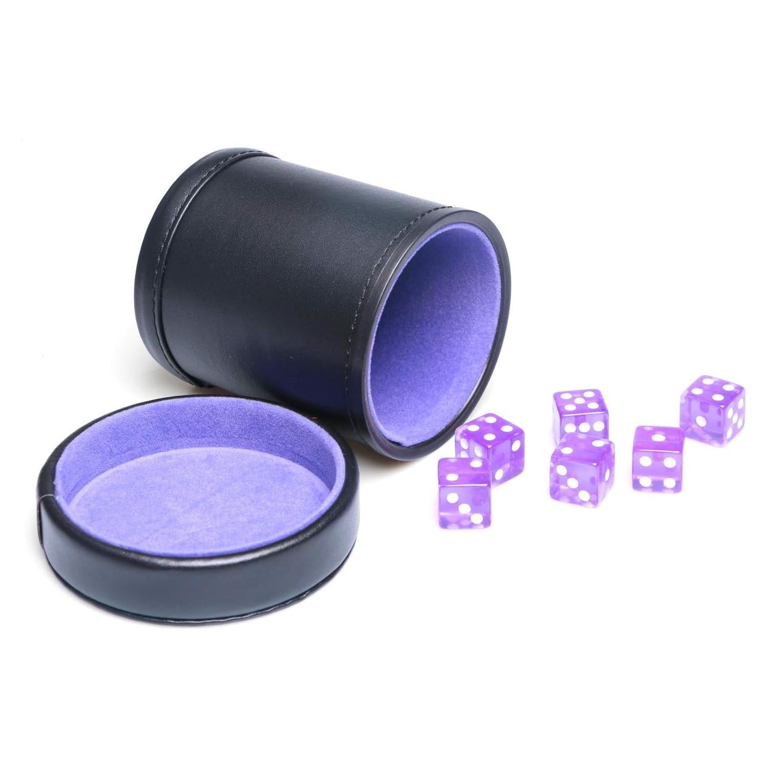 Copa de Dados de Cuero PU Morado con Tapa y 6 Dados Translúcidos