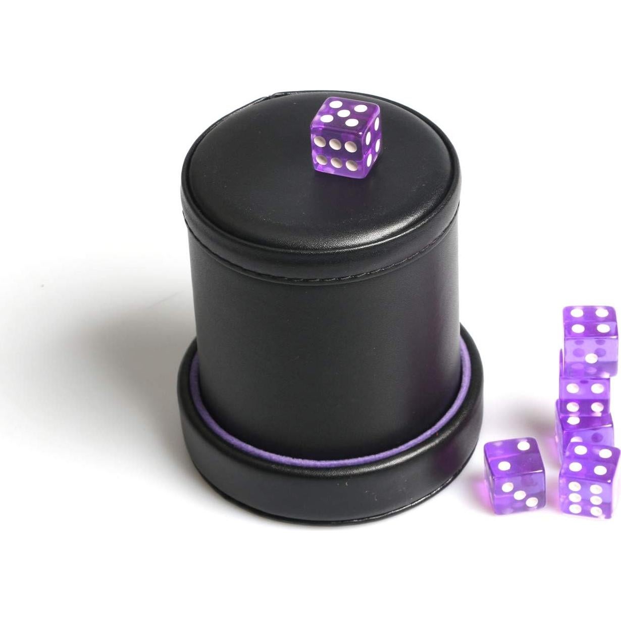 Copa de Dados de Cuero PU Morado con Tapa y 6 Dados Translúcidos
