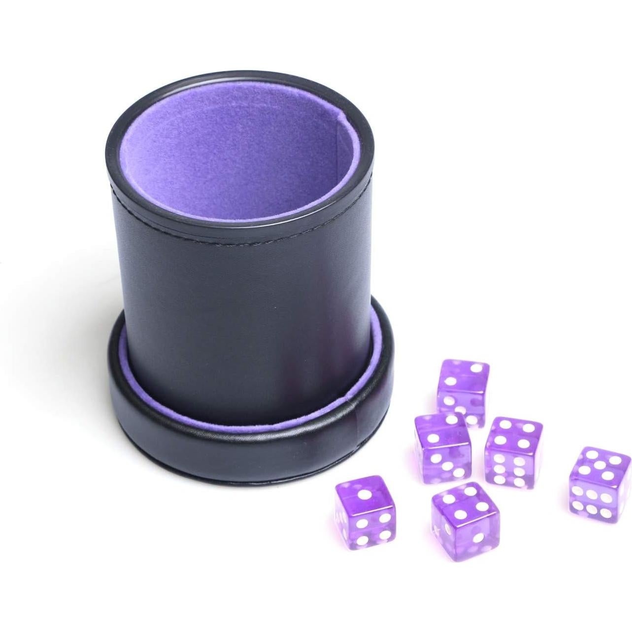 Copa de Dados de Cuero PU Morado con Tapa y 6 Dados Translúcidos