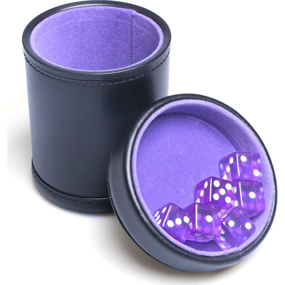 Copa de Dados de Cuero PU Morado con Tapa y 6 Dados Translúcidos