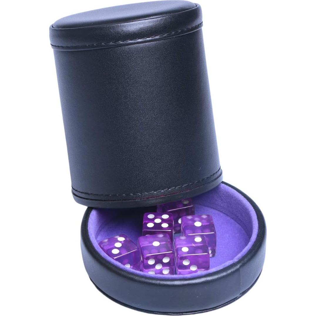 Copa de Dados de Cuero PU Morado con Tapa y 6 Dados Translúcidos
