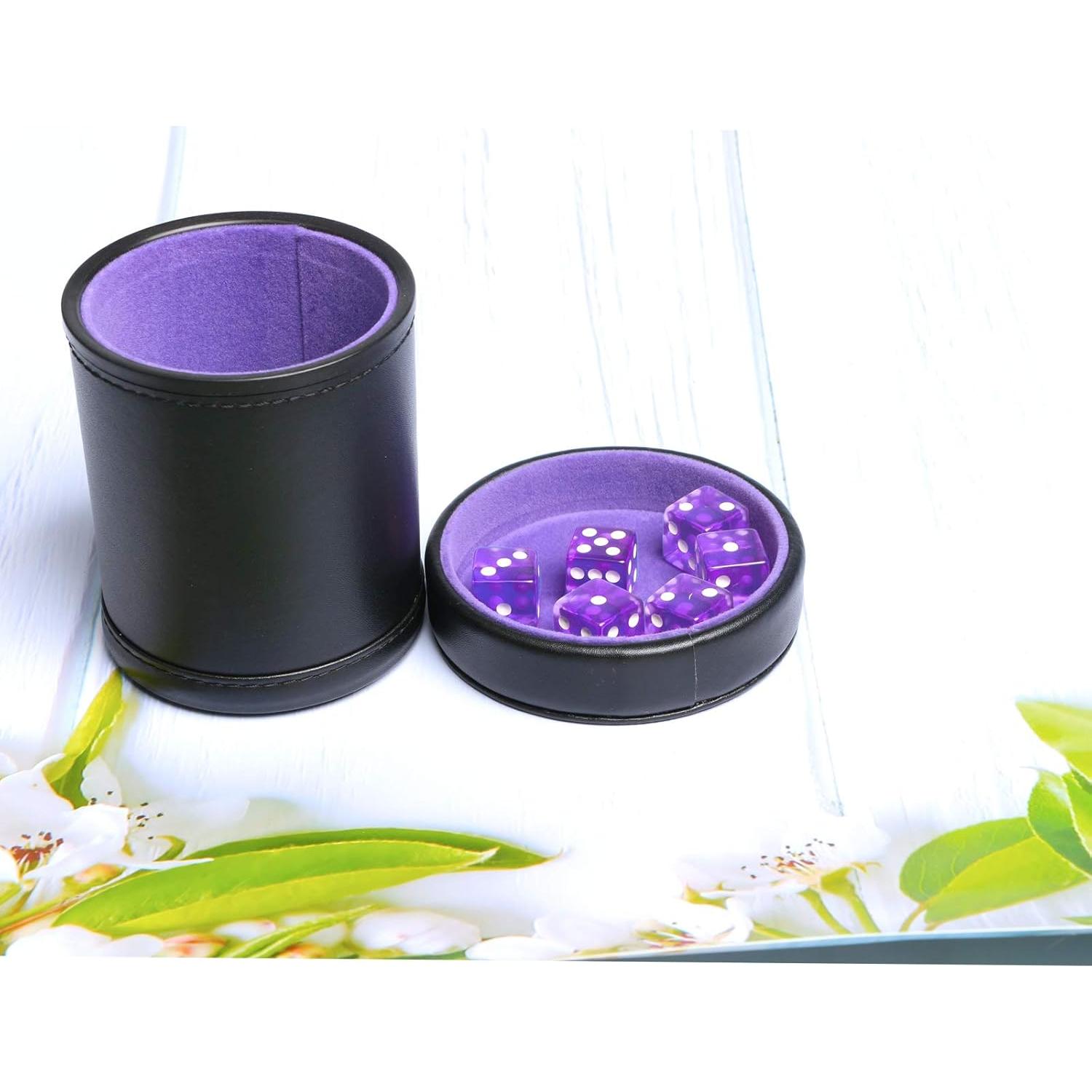 Copa de Dados de Cuero PU Morado con Tapa y 6 Dados Translúcidos