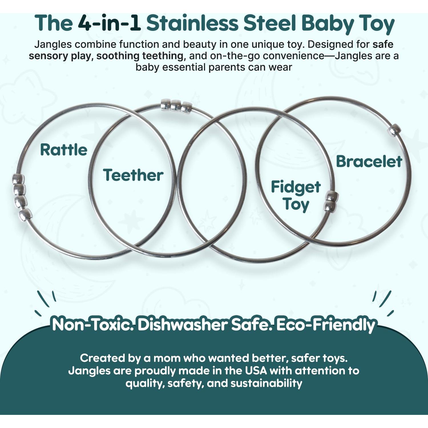 Jangles - Sonajero y Mordedor de Acero Inoxidable 100% - Hecho en EE. UU.